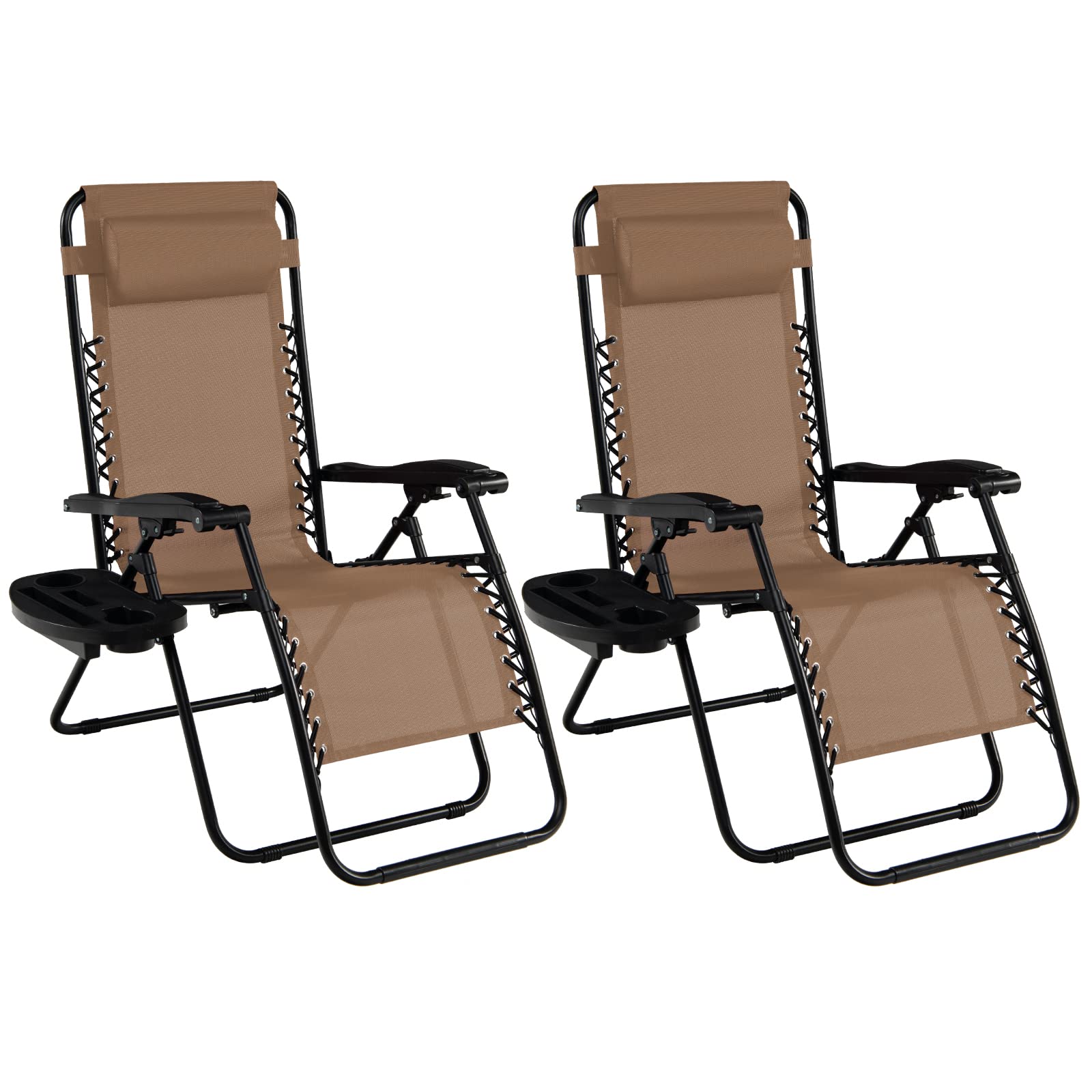 Goplus Zero Gravity Lounge Chairs Set of 2 - 160° Adjustable Folding Recliner with Pillow & Cup Holder, 350LBS Capacity - Comfortable Outdoor Patio Lawn Yard & Camping Chairs (Beige) - Perfect for Relaxing, Sunbathing, and Backyard Lounging