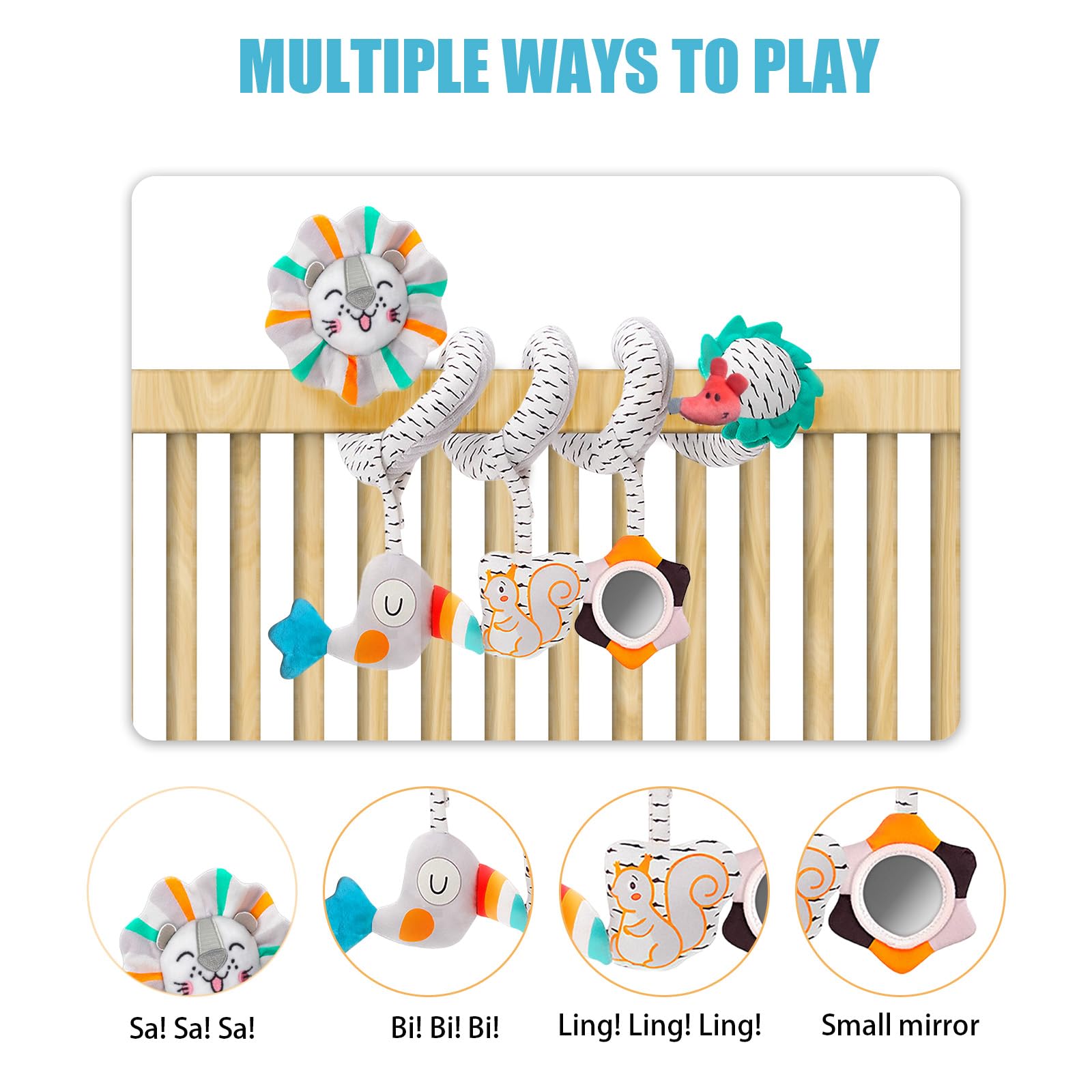 Frilida Baby Car Seat & Stroller Activity Toys for Newborns 0-6 Months - Lion Spiral Hanging Plush Toy with Mirror, Crinkle & Squeaky Sounds | Perfect for Infants Boys & Girls to Stimulate Development During Car Rides, Walks and Playtime