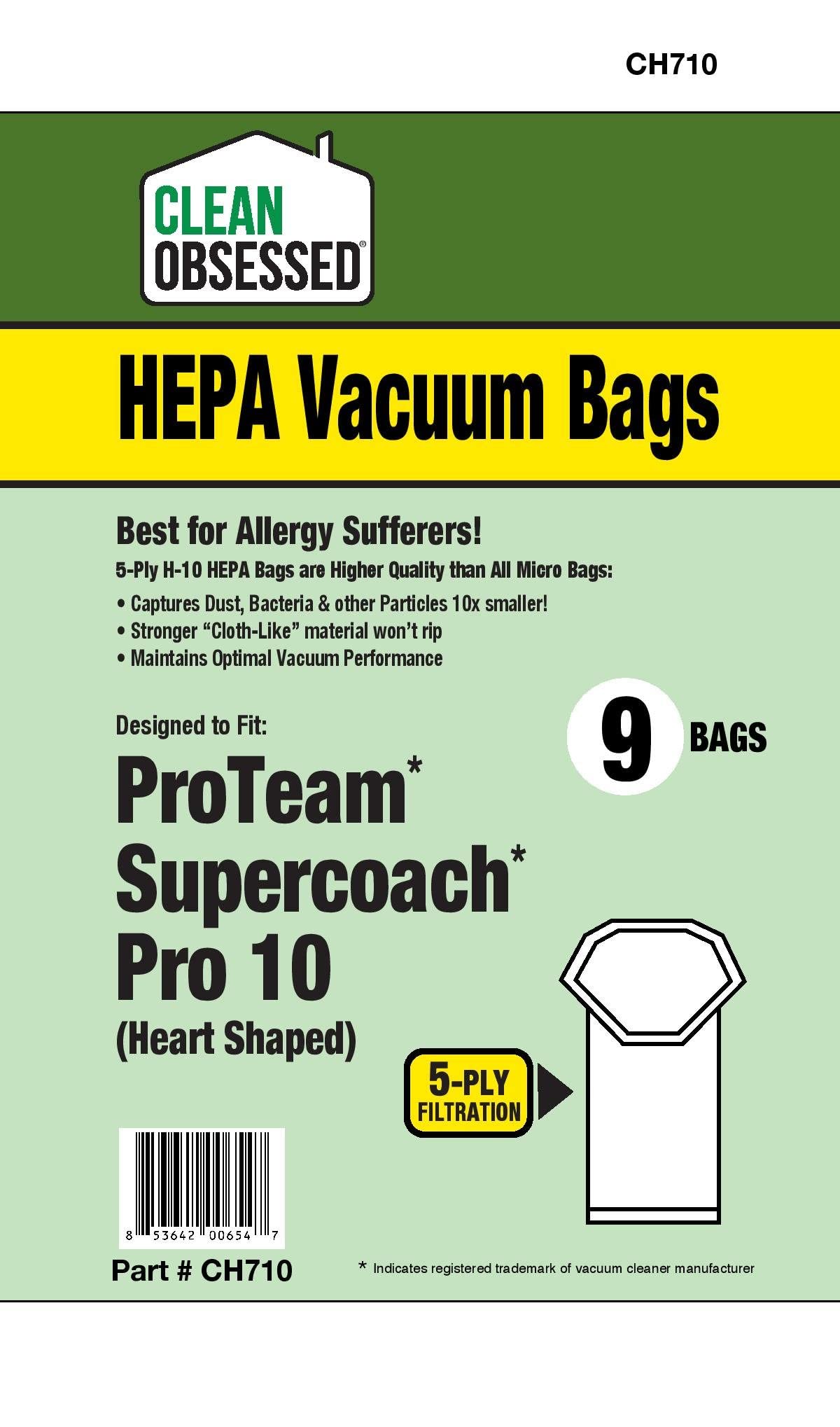Clean Obsessed H-10 HEPA Vacuum Bags 9-Pack - Compatible with Proteam SuperCoach Pro 10 (Heart Shaped) | Premium Allergy Relief | Perfect for Home Cleaning, Pet Hair Removal & Dust Control