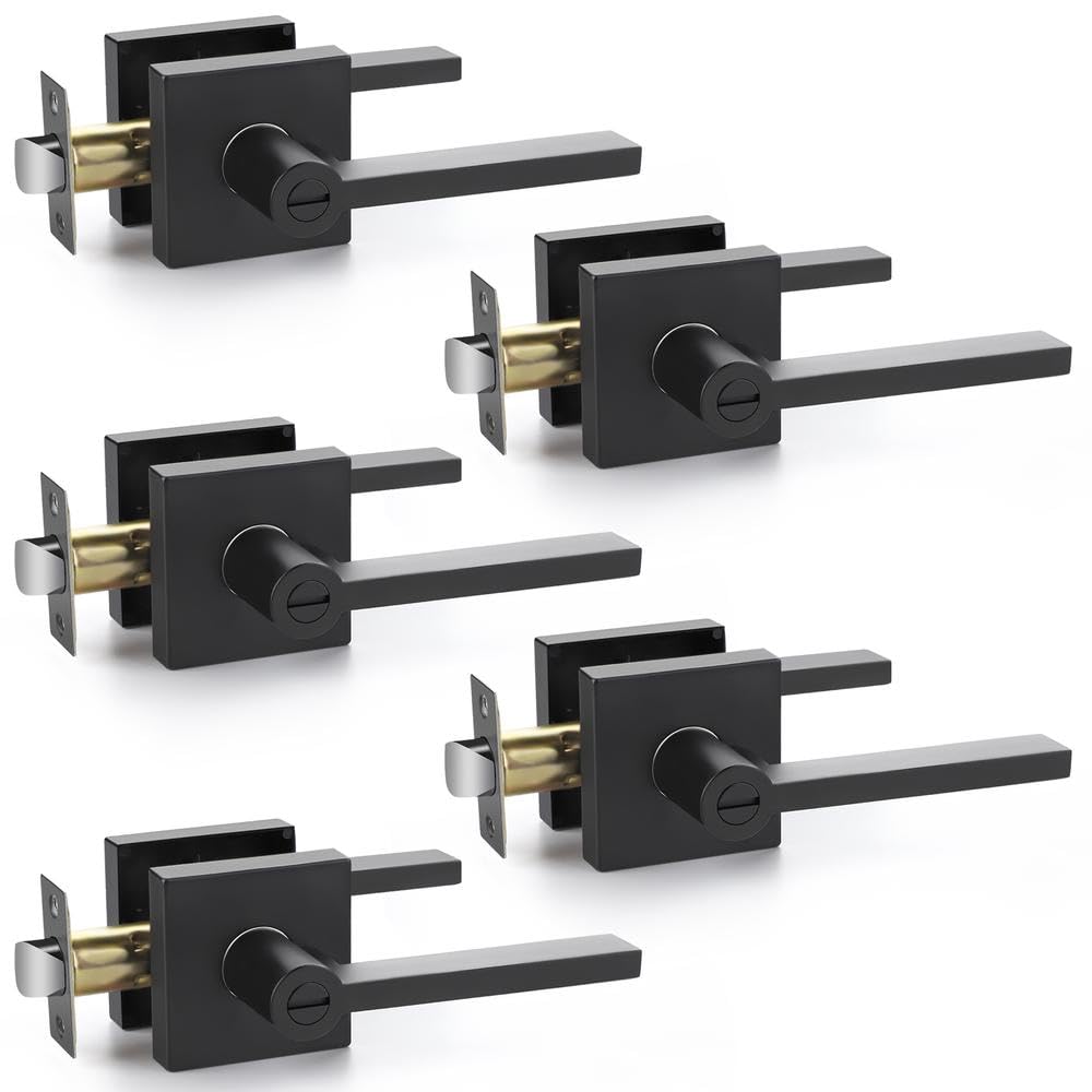 5 Pack Matte Black Interior Door Handles - Slim Privacy Lever Door Knob Set with Lock for Bedroom & Bathroom Security | Left/Right Handed | Modern Home Upgrade for Privacy & Style