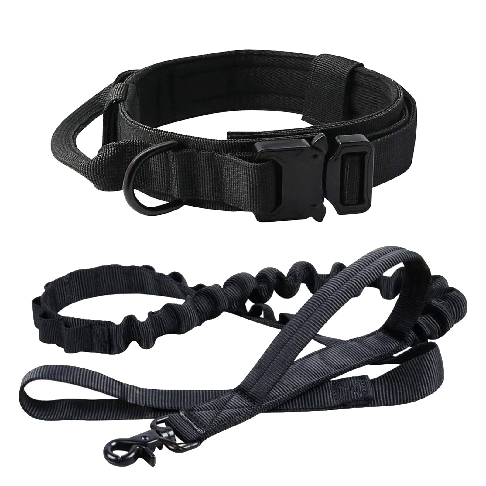 Military-Grade Tactical Dog Collar & Bungee Leash Set - Heavy Duty Adjustable K9 Collar with Control Handle & Metal Buckle - Army Nylon for Large Dogs (Black, XL) - Perfect for Training, Hiking & Outdoor Adventures