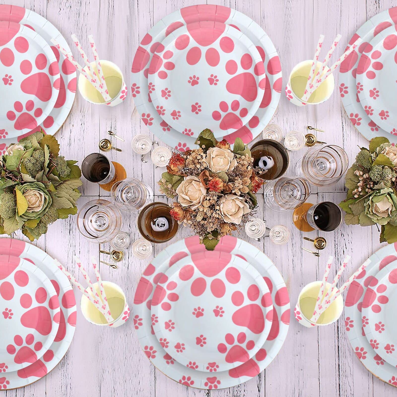 Pink Dog Paw Prints Party Supplies Set - Includes Paper Plates, Cups, Napkins & Straws for Dog Birthday & Baby Shower Celebrations | Perfect for Puppy Themed Parties, Pet Lover Events & Cute Animal Decorations