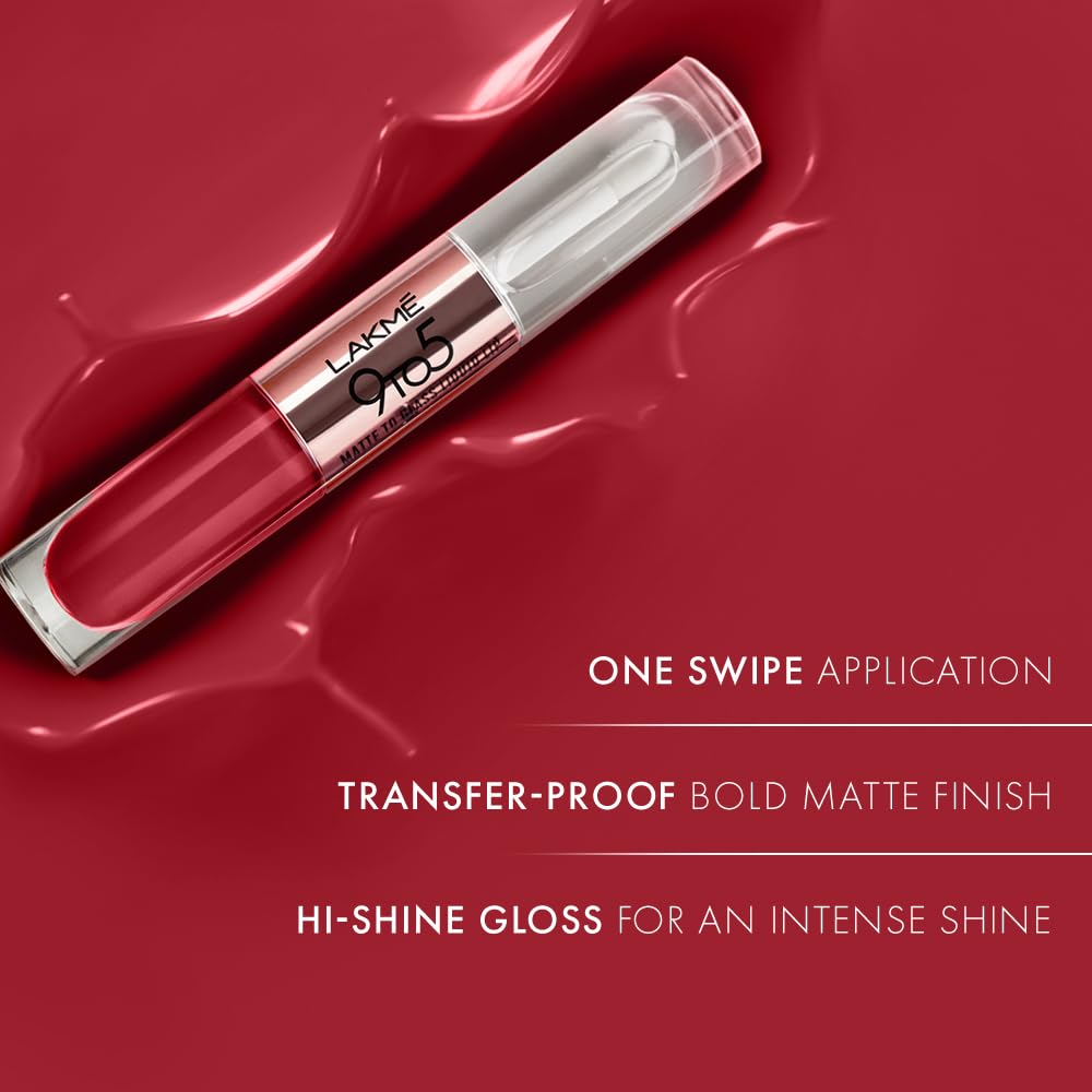 LAKMÉ 9 To 5 Matte To Glass Liquid Lipstick - Long Lasting Matte & Glossy Finish Lip Color for Day to Night Wear - Perfect for Office, Date Night & Special Occasions