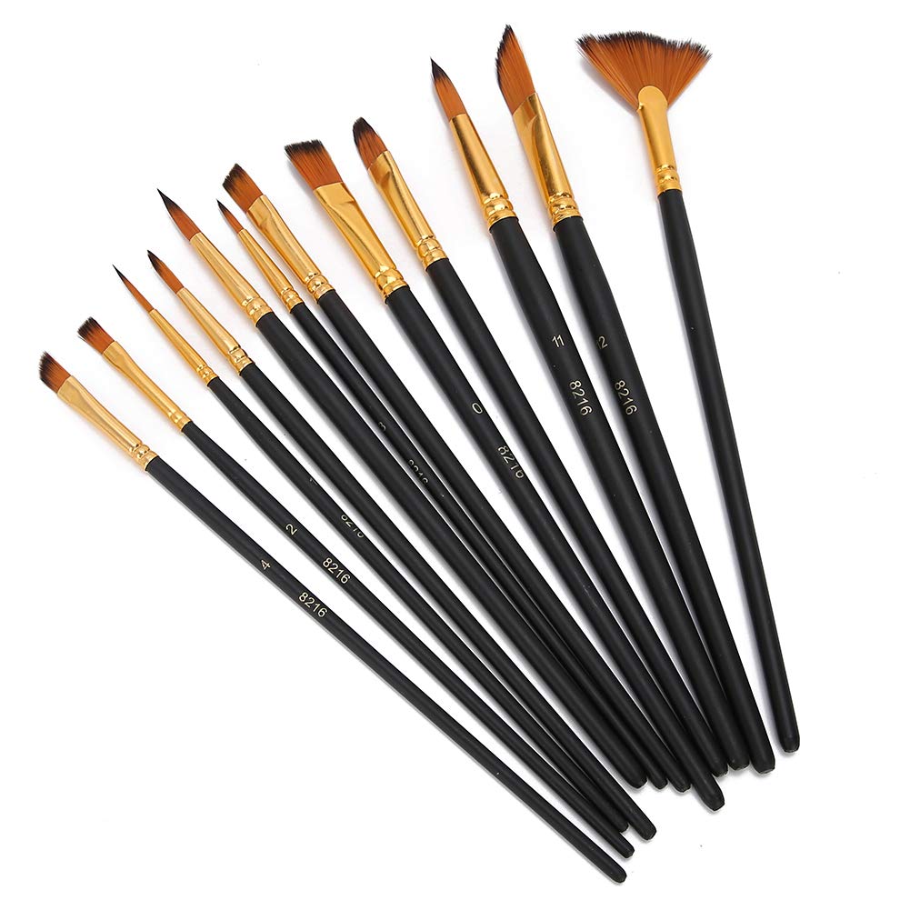 12Pcs Nylon Wool Paint Brush Set for Acrylic, Oil & Watercolor Painting - Professional Artist Paintbrushes with Ergonomic Handle (Black) - Perfect for Canvas, Wood, Fabric & DIY Art Projects