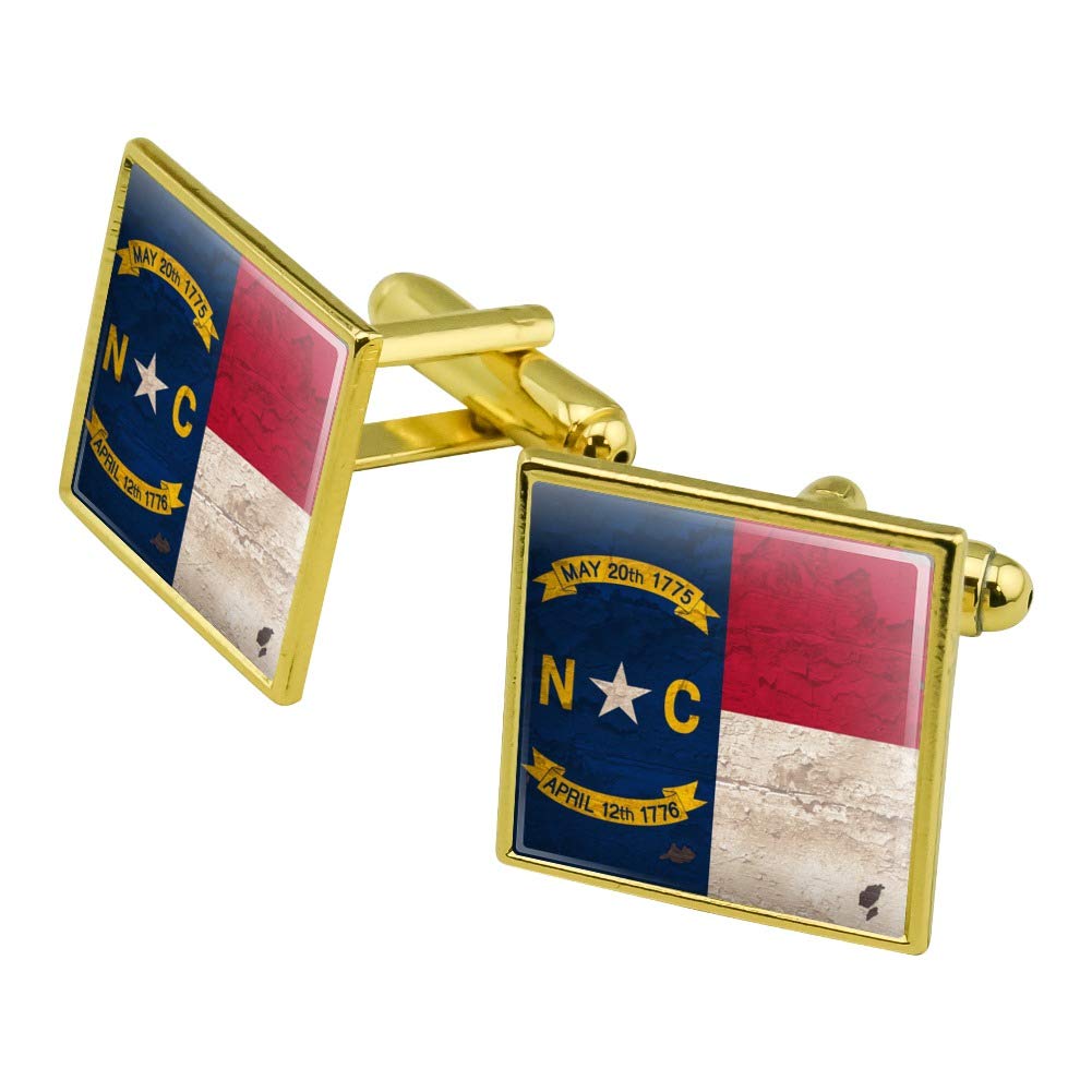 Vintage Rustic North Carolina State Flag Distressed USA Square Cufflinks Set - Gold Tone for Men's Formal Wear, Wedding, Business Attire & Special Occasions
