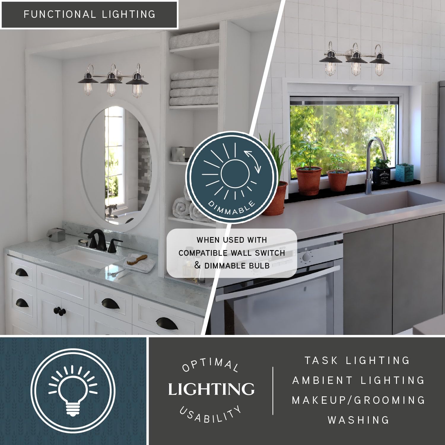 Galena 3-Light Matte Black & Nickel Coastal Bathroom Vanity Light Fixture - Perfect for Beach House, Coastal Cottage & Modern Bathroom Lighting