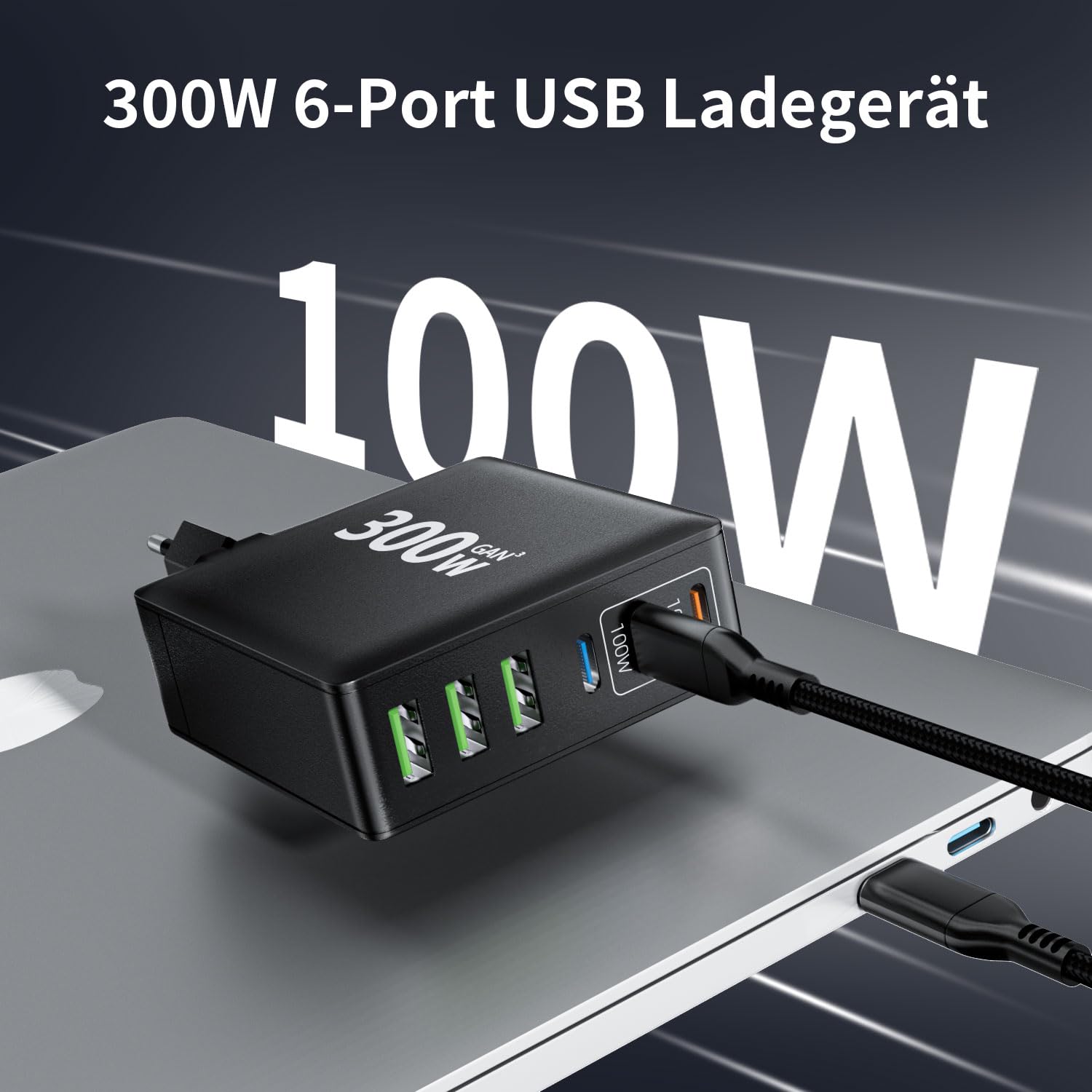 300W GaN PD USB-C Fast Charger with 6 Ports (3 USB-C & 3 USB-A) - Multi-Port Charging Station for MacBook, iPad Pro/Air, iPhone 16/15 Pro Max, Samsung Galaxy - Perfect for Home, Office & Travel Charging Needs