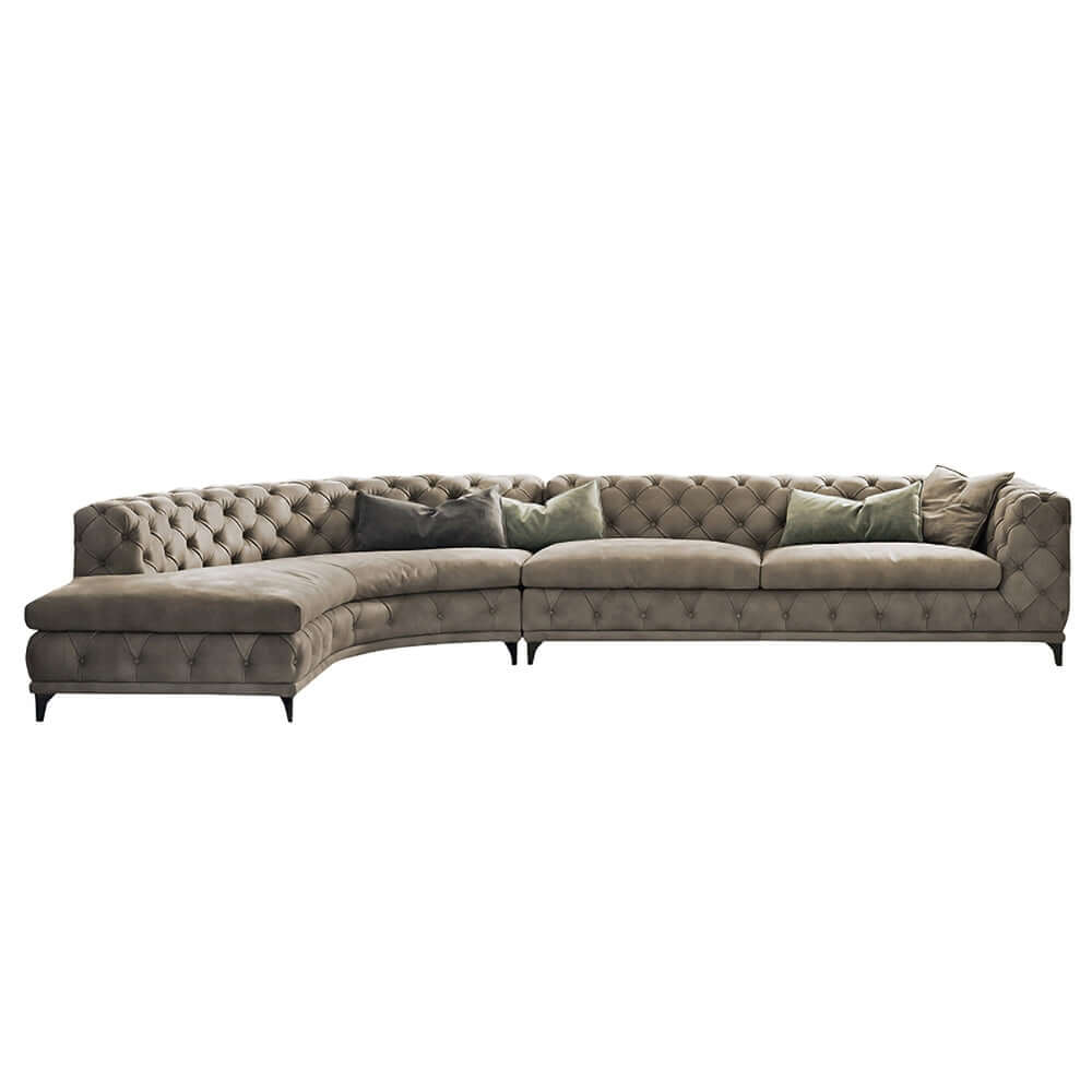 L-Shaped Curved Gray Velvet Sectional Sofa - Modern Chesterfield Style Living Room Couch for Small Spaces & Apartments | Perfect for Lounge, TV Room & Home Theater