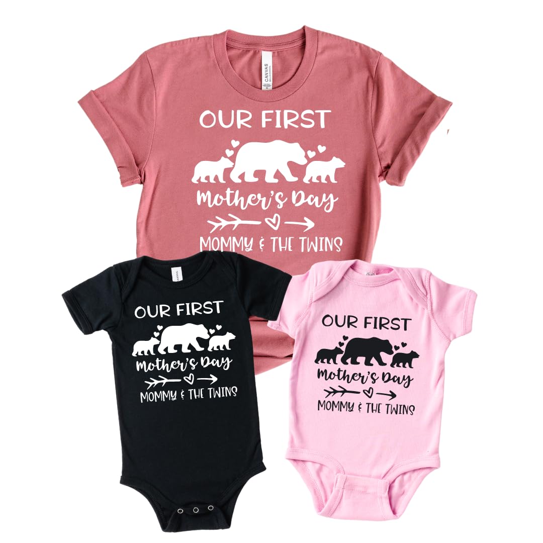 Twin Mom First Mother's Day Matching Outfit Set for Baby and Mom - Personalized Mommy & Me Shirts with Names for Baby Boy or Girl - Perfect 1st Time Mom Gift for Twins Mama - Ideal for Mother's Day Photos, Family Matching Outfits & Special Celebrations