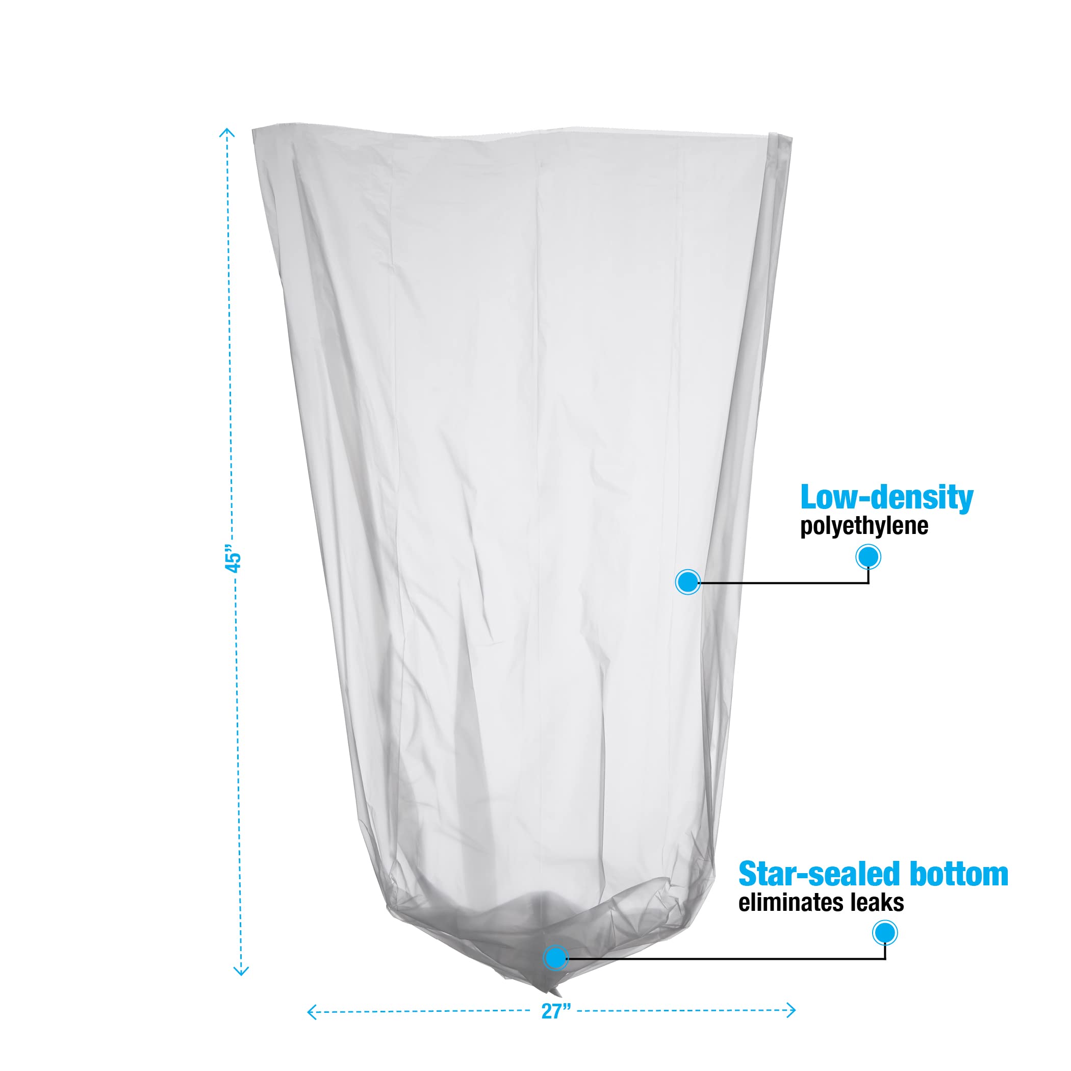 Premium Commercial Trash Can Liners - Leak-Proof Heavy Duty Garbage Bags for Office, Restaurant & Home Use (23 Gallon, 27x45 Inches, 0.75 Mil Thick, Clear, 250 Count Bulk Pack) - Made in USA - Ideal for Large Trash Cans, Commercial Kitchens & High-Traffic Areas