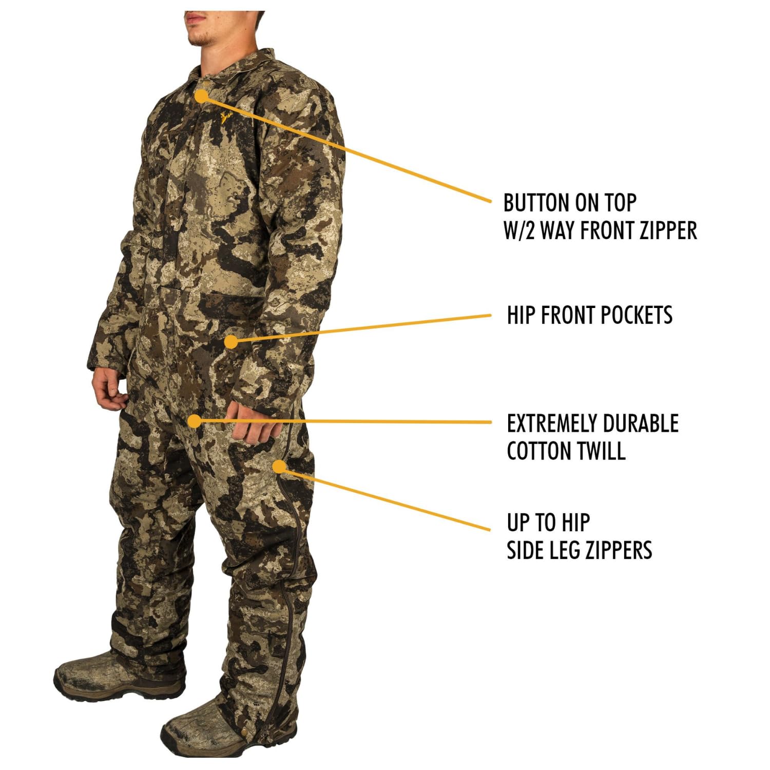 Men's Insulated Twill Camo Hunting Coverall - Warm One-Piece Full Body Coveralls for Cold Weather | Waterproof Hunting Suit for Outdoor Activities, Winter Camping & Ice Fishing