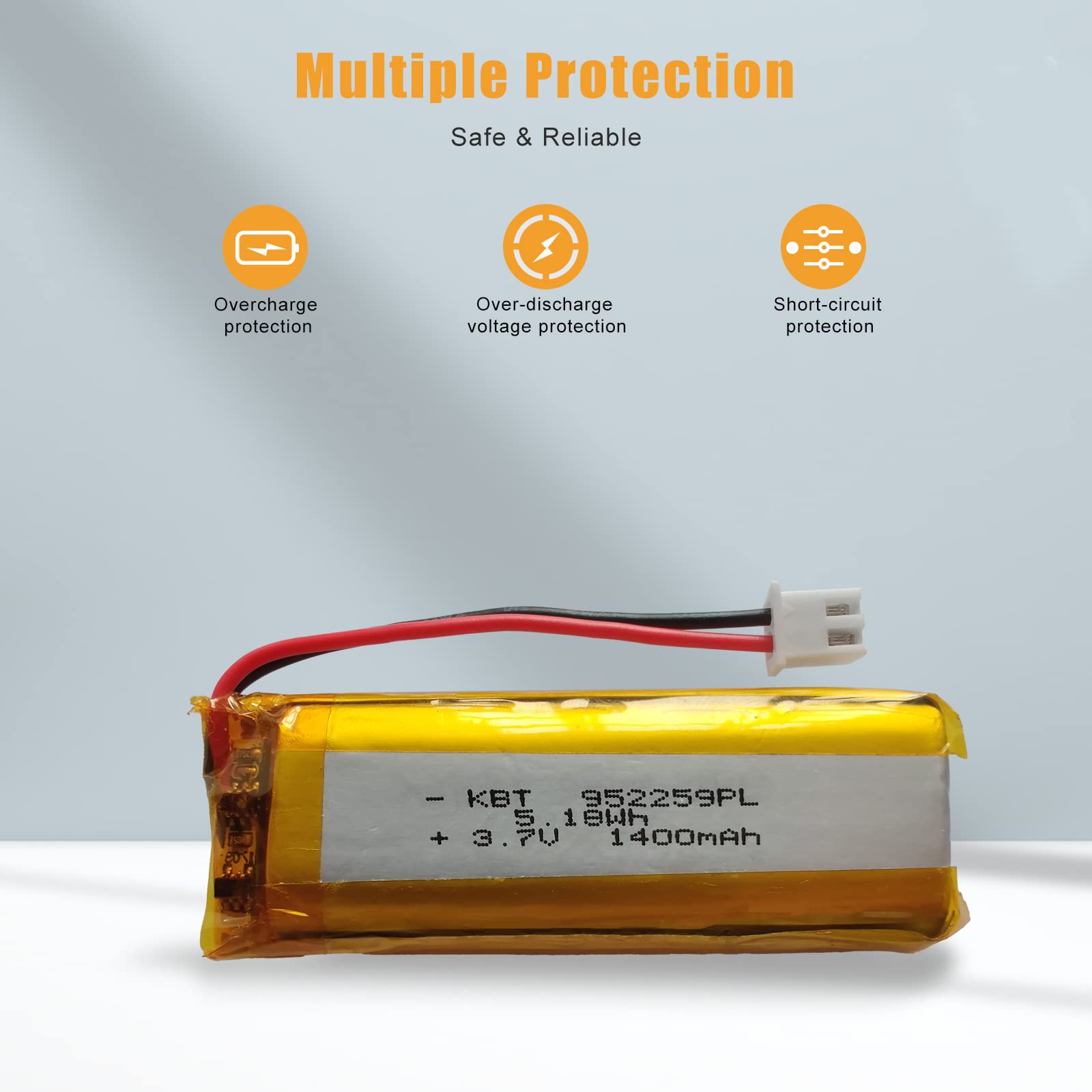 KBT 3.7V 1400mAh Li-Polymer Rechargeable Battery with JST 2.54 Connector - Replacement Battery for Digital Cameras, Drones, LED Lights, Toys & DIY Electronics - Perfect for Photography, RC Models, Night Lights & Science Experiments