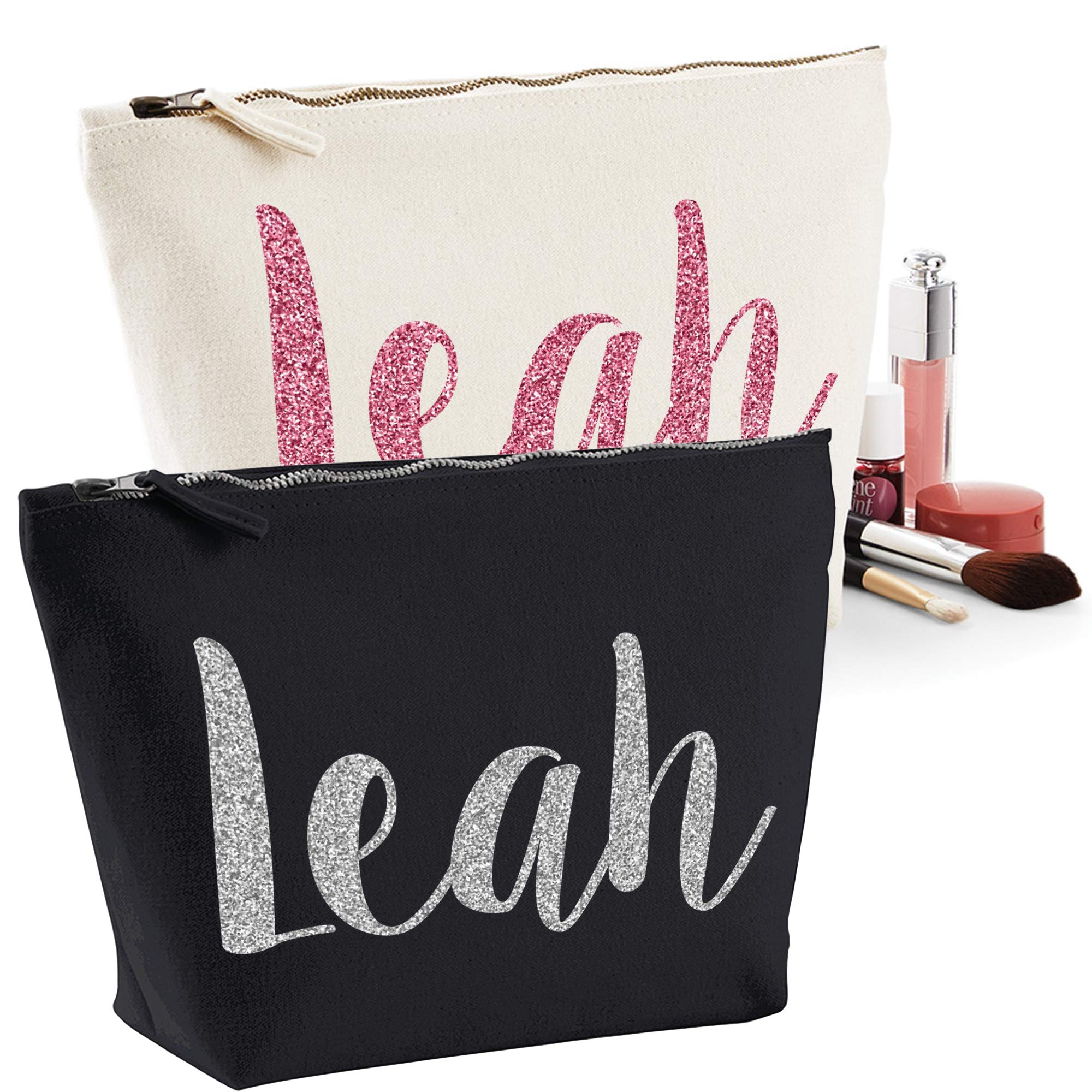 Customized Glitter Makeup Bag with Name - Personalized Pink Gold & Silver Glitter Cosmetic Pouch (Medium, Black-Pink) - Perfect Gift for Birthdays, Bridesmaids & Travel Organizers