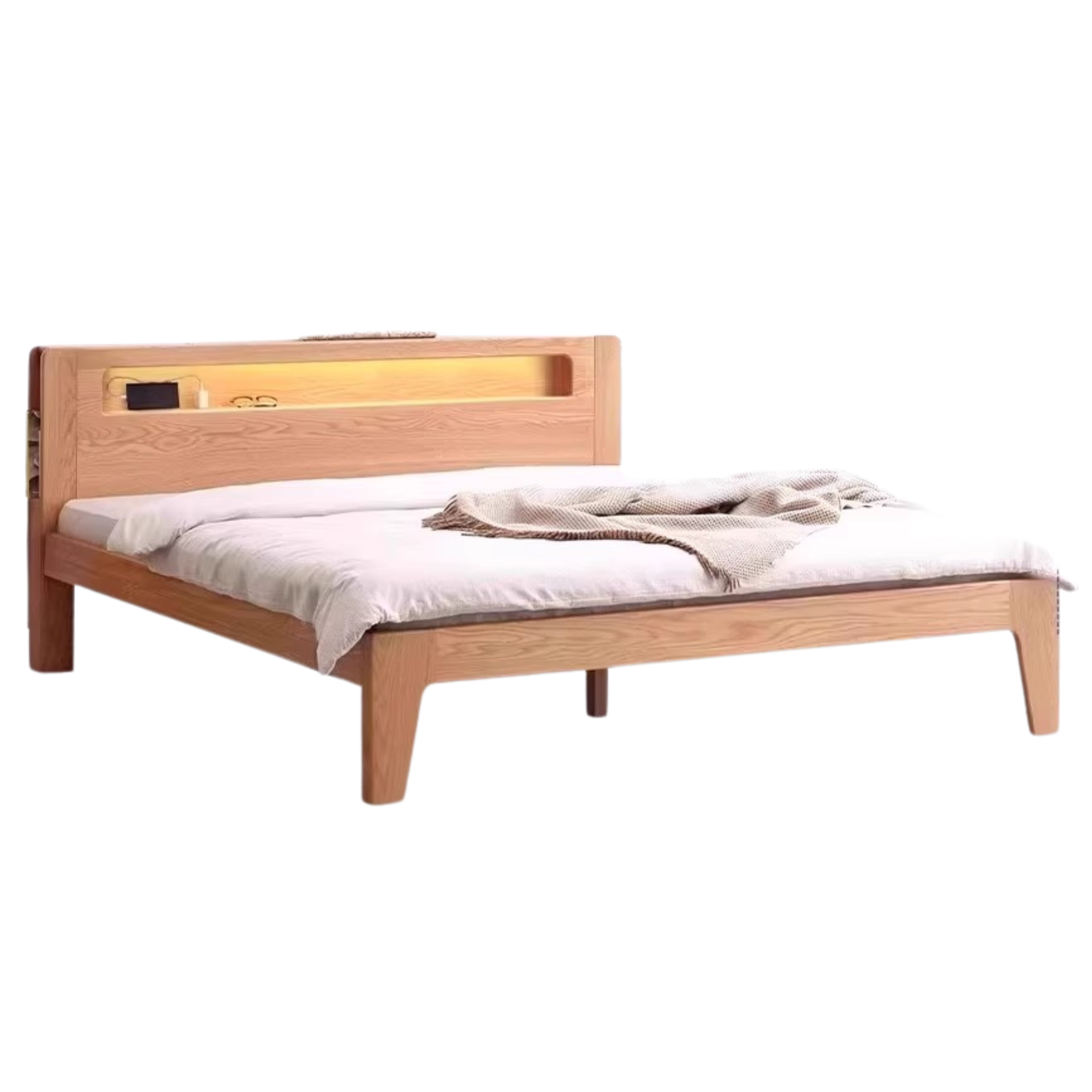 Solid Oak and Beech Wood Bed with Built-in LED Lights and Bookshelf - Modern Bedroom Furniture for Small Spaces, Lofts, and Studio Apartments