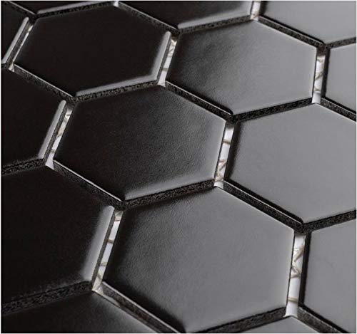 2x2 Inch Matte Black Hexagon Porcelain Mosaic Tile - 10 Sheets/Case - Waterproof Floor & Wall Tile for Bathroom, Kitchen Backsplash, Fireplace Accent, Shower, Laundry Room & Home Decor