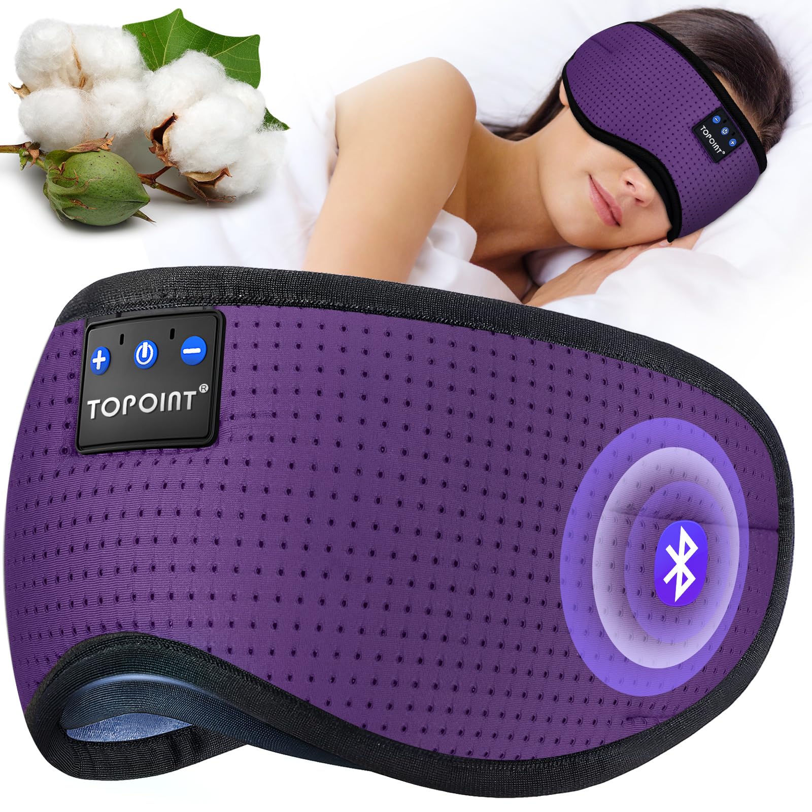 TOPOINT Bluetooth Sleep Mask Headphones Wireless 5.4 - Breathable Cotton Eye Mask for Side Sleepers with Built-in Mic - Comfortable Sleeping & Travel Music Headset for Men & Women - Perfect for Nighttime Relaxation, Airplane Travel & Meditation