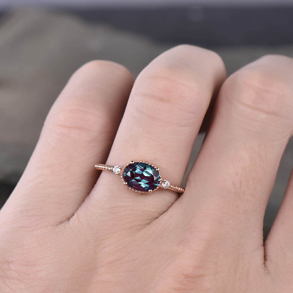 Milgrain Alexandrite Engagement Ring in Rose Gold - East to West Three Stone Ring for Women | Perfect for Weddings, Anniversaries & Proposals