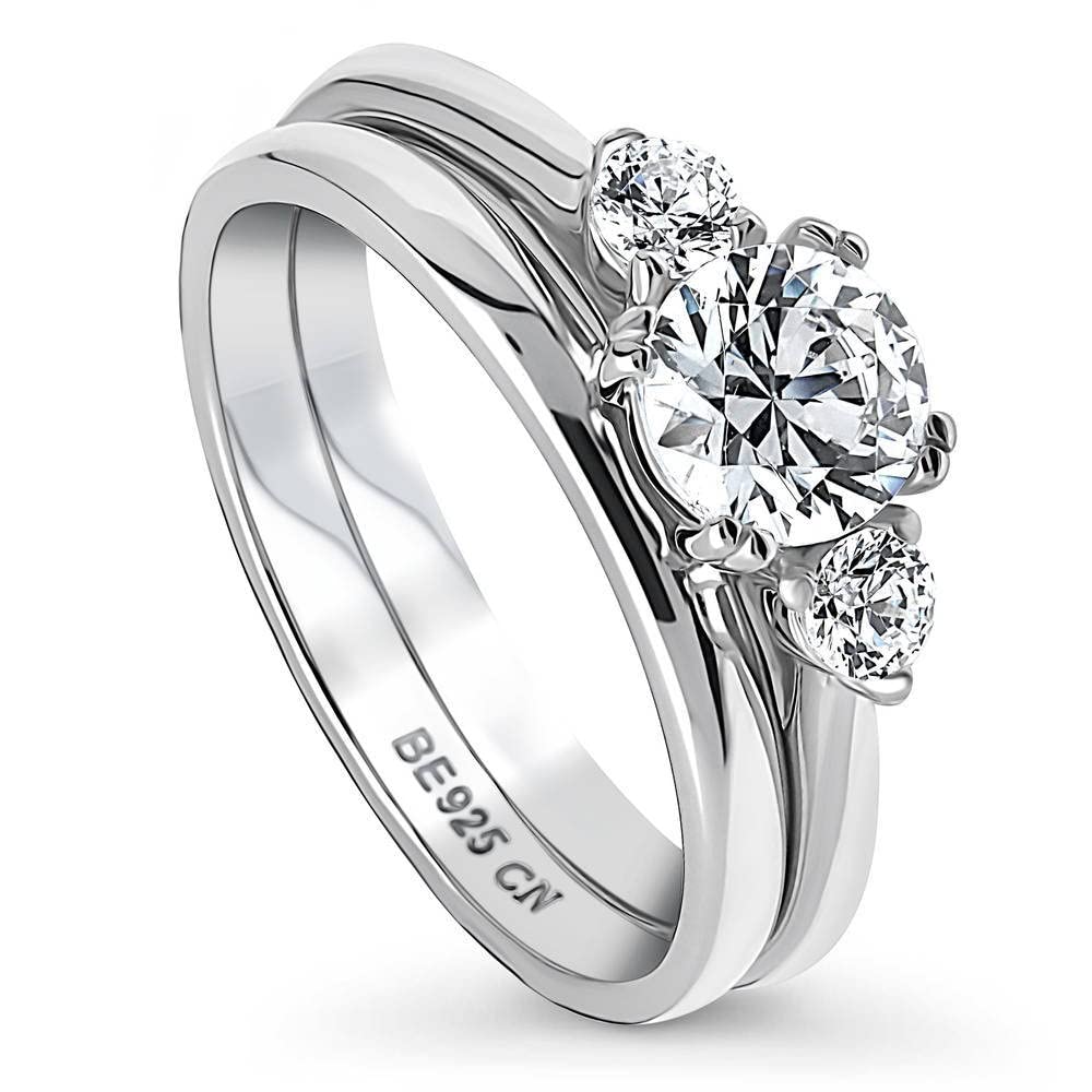 BERRICLE Sterling Silver 3-Stone Wedding & Engagement Ring Set for Women - 0.8 Carat Round Cut Cubic Zirconia CZ, Rhodium Plated, Size 4-10 - Perfect for Proposals, Anniversaries & Special Occasions