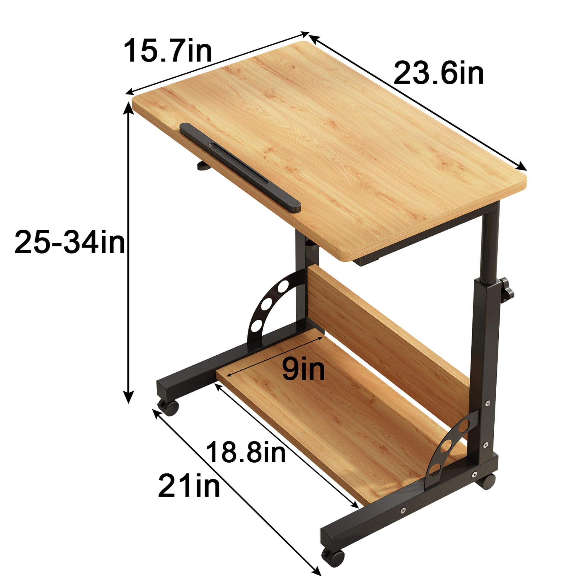 Tiltable Rolling Laptop Stand - Adjustable Height Mobile Standing Desk with Wheels - Portable Side Table for Home Office, Bedroom & Dorm - Perfect for Work, Study & Gaming