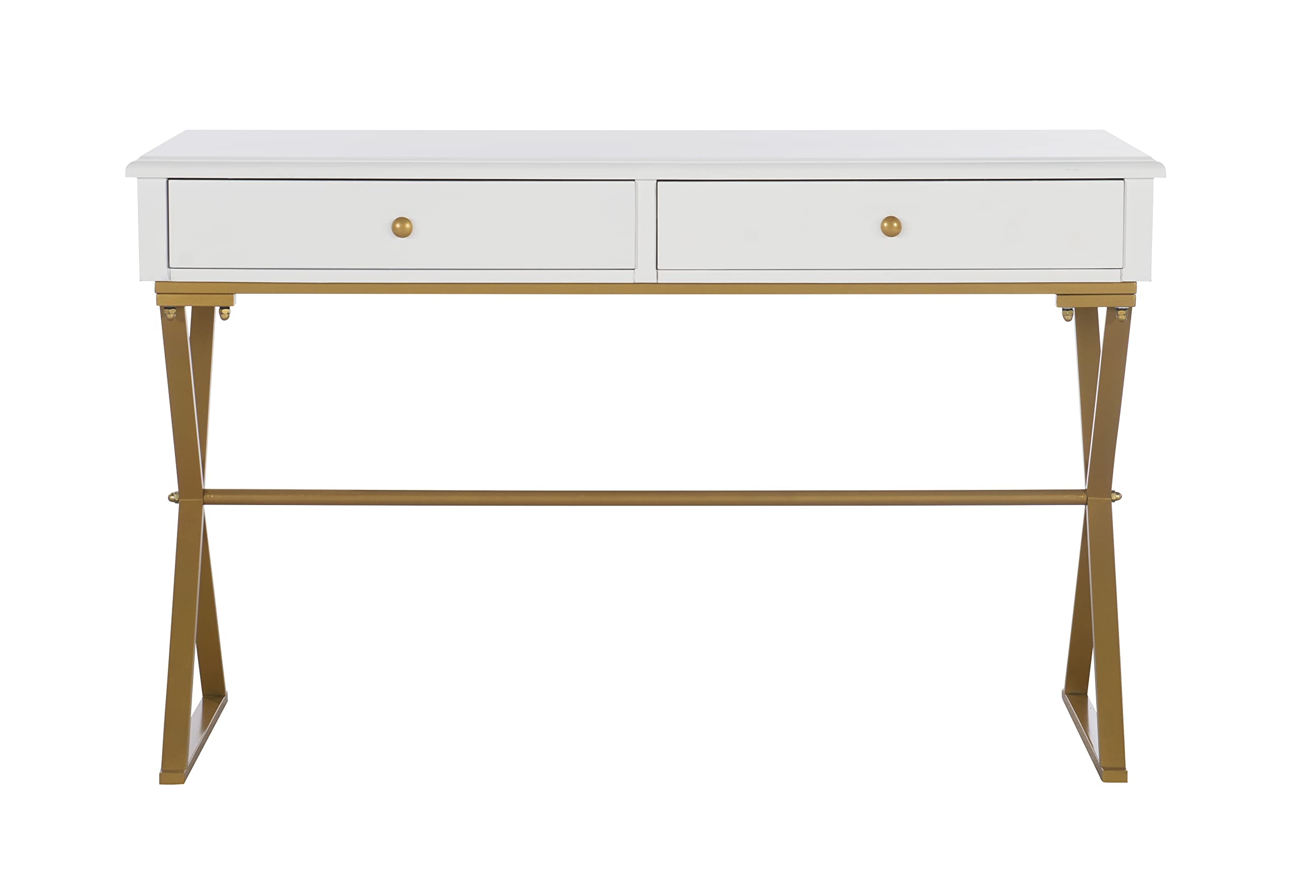Linon Harli White Two-Drawer Campaign Desk - Compact Home Office Writing Table with Storage | Perfect for Small Spaces, Dorm Rooms & Workstations