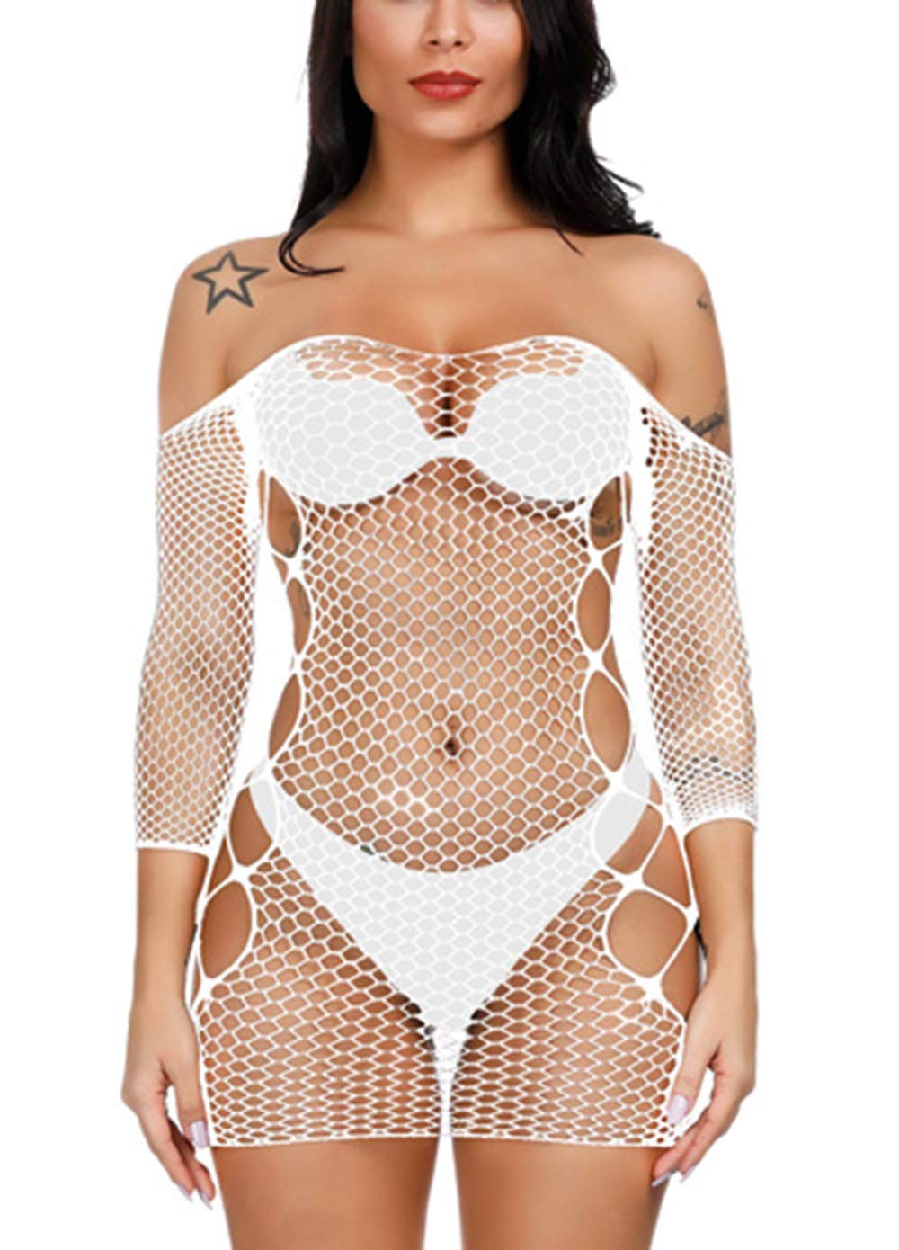 Sexy Women's Fishnet Lingerie Sleepwear - One Piece Babydoll V-Neck Mini Dress (One Size) for Bedroom, Boudoir & Romantic Nights