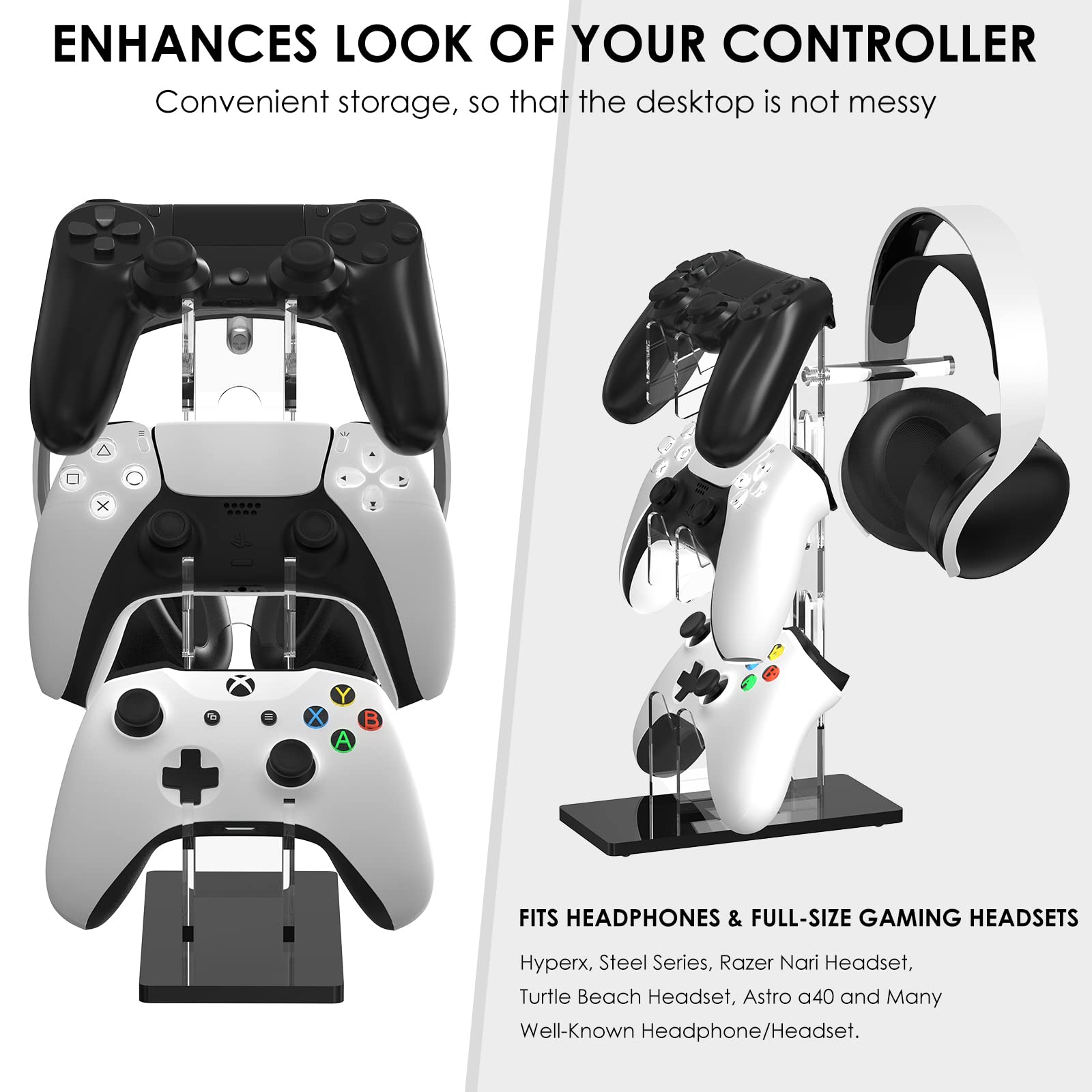 Universal 3-Tier Controller Stand & Headset Holder for PS5, PS4, Switch Pro, Xbox - Crystal Texture Gaming Accessories Organizer (White) - Perfect for Gaming Setup & Desk Organization