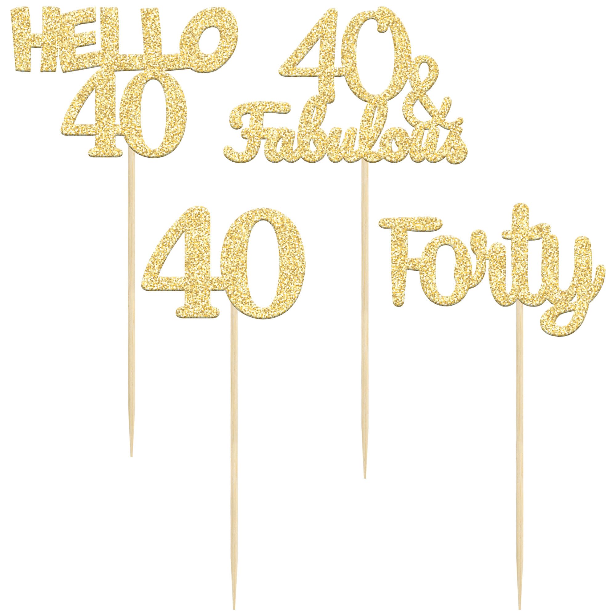 24Pcs Gold Glitter 40th Birthday Cupcake Toppers - Hello 40 Forty Cake Decorations & Fabulous Cupcake Picks for 40th Birthday Party Supplies | Perfect for Anniversary Celebrations, Milestone Birthdays, and Festive Dessert Decorations