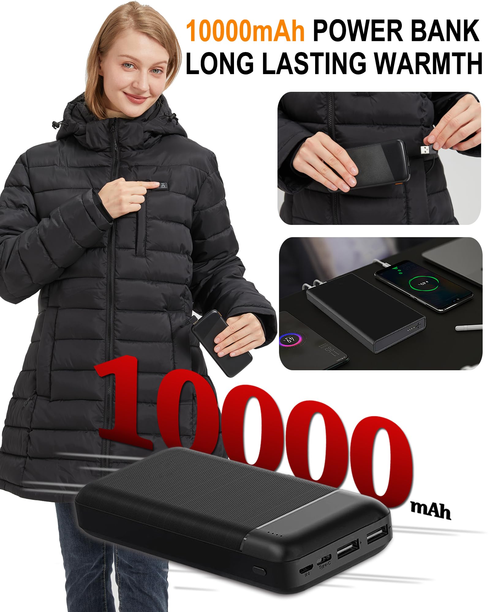 Women's Heated Jacket with Rechargeable Battery Pack - Winter Warm Electric Coat for Outdoor Activities (Hiking, Skiing, Camping)