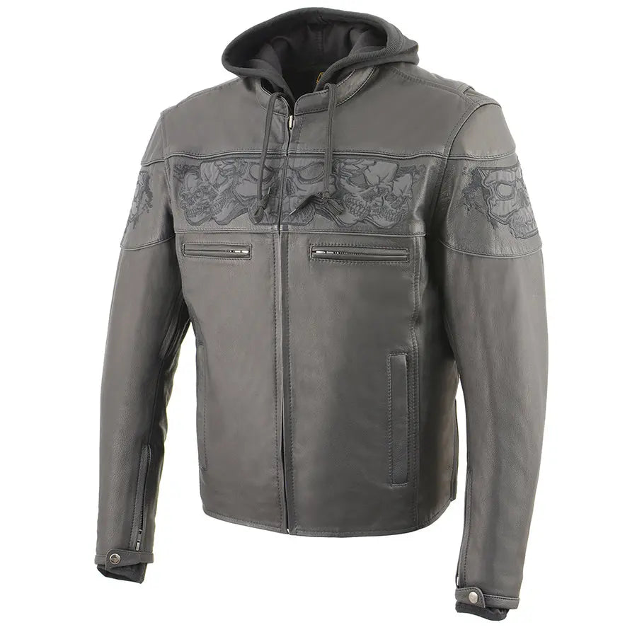 Milwaukee Leather Men's Crossover Scooter Jacket with Reflective Skulls & Removable Hood - Motorcycle Riding, Urban Fashion, Winter Outerwear