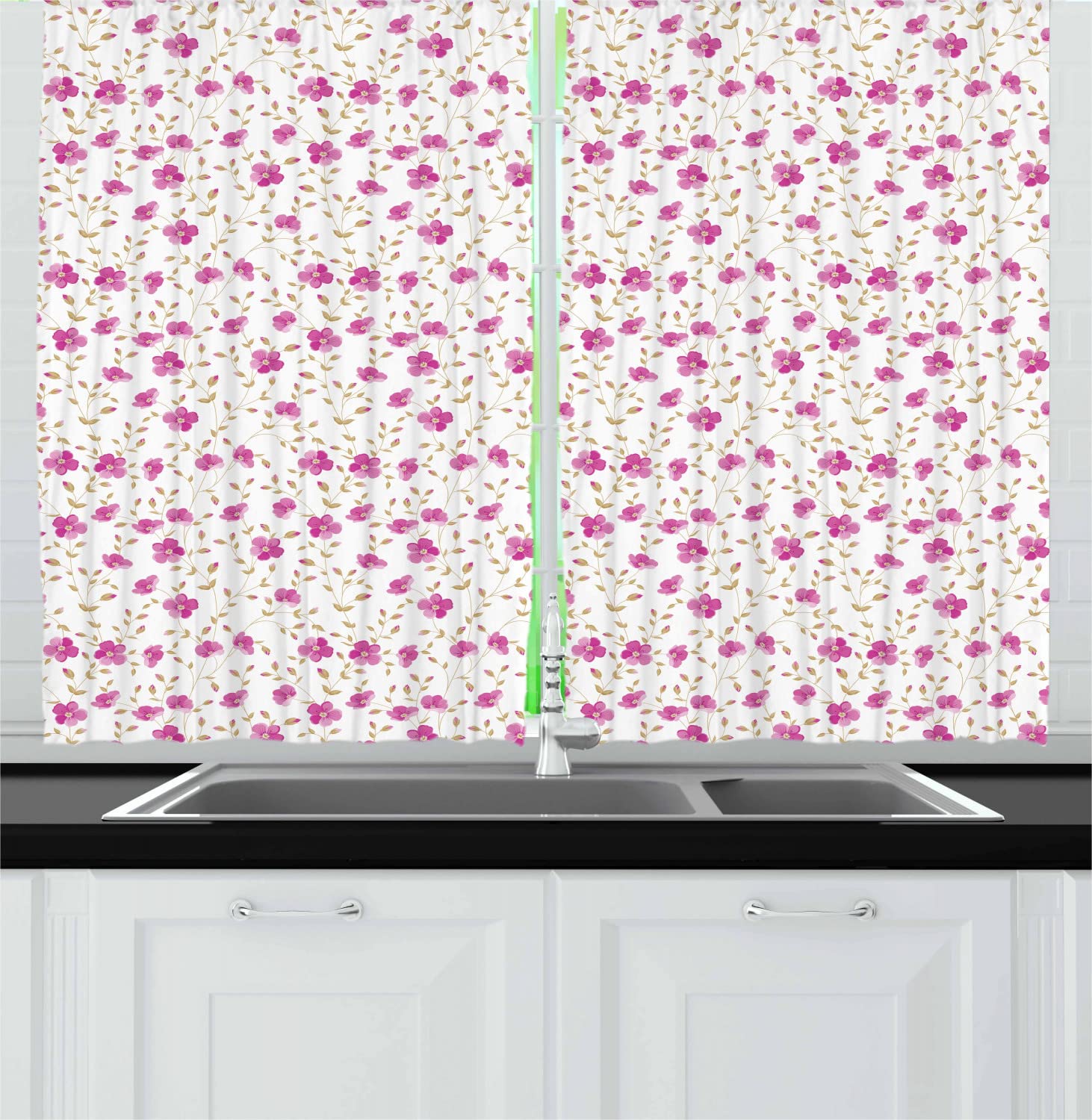 Ambesonne Vintage Peony Floral Kitchen Curtains - 2 Panels with Rod Pocket, 55