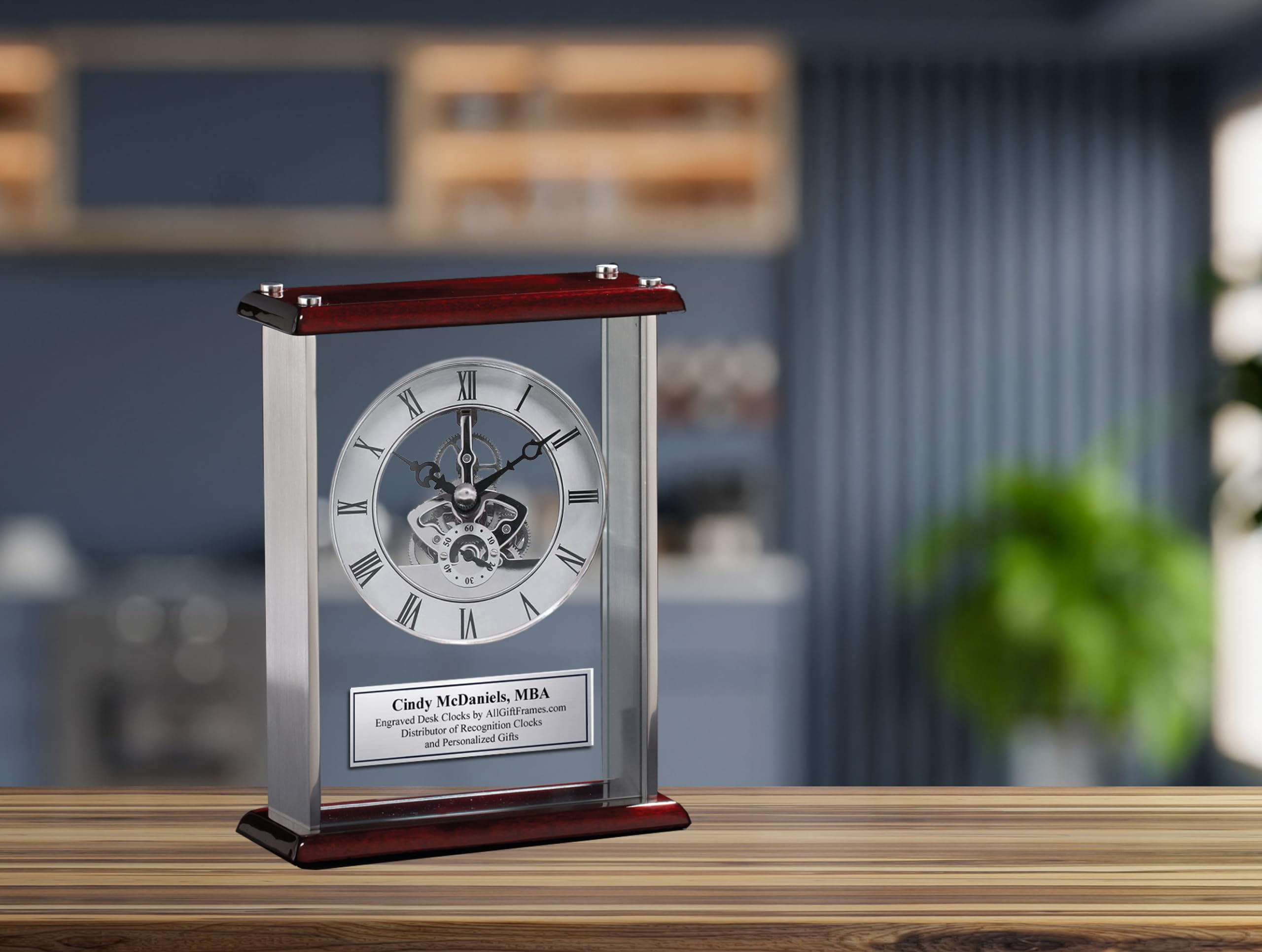 Personalized Engraved Desk Clock for Employee Recognition - Silver Engraving Plate, Large DaVinci Style with Glass Case, Chrome & Cherry Wood Base - Perfect Retirement Gift, Service Award, Office Decor