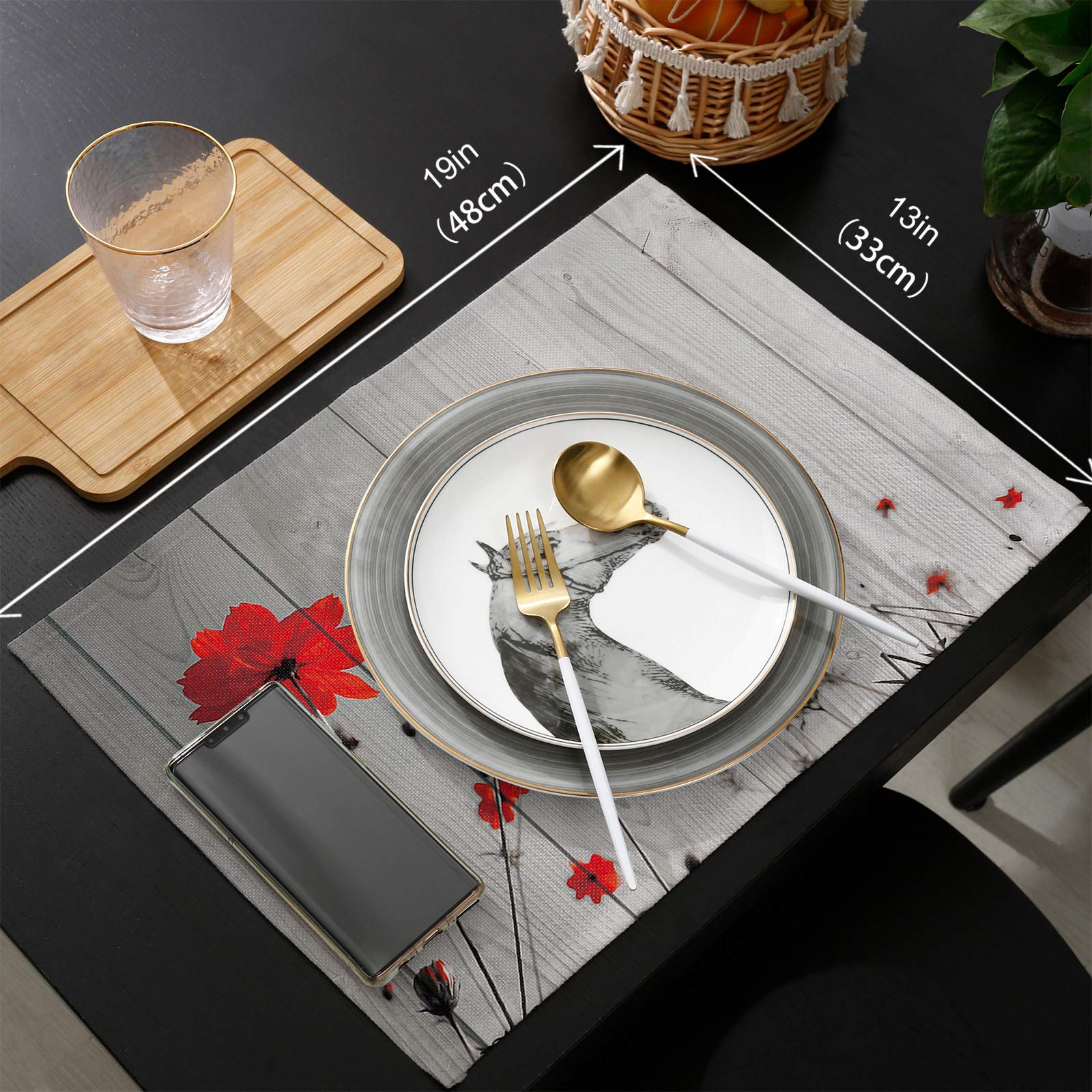 Red Poppy Flowers Placemats Set of 6 - 13x19 Inch Rustic Grey Farmhouse Cotton Linen Table Mats for Kitchen & Dining Room Decor, Washable Floral Placemats for Everyday Use, Dinner Parties & Holiday Entertaining