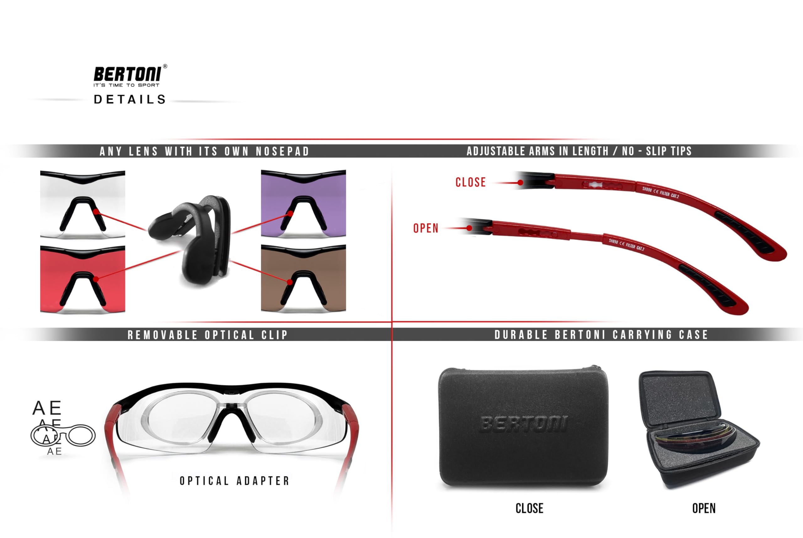 Bertoni Tactical Shooting Glasses with 4 Interchangeable Lenses & Carrying Case - SH898 RX Optical Prescription Ready - Perfect for Hunting, Airsoft, and Outdoor Sports Protection