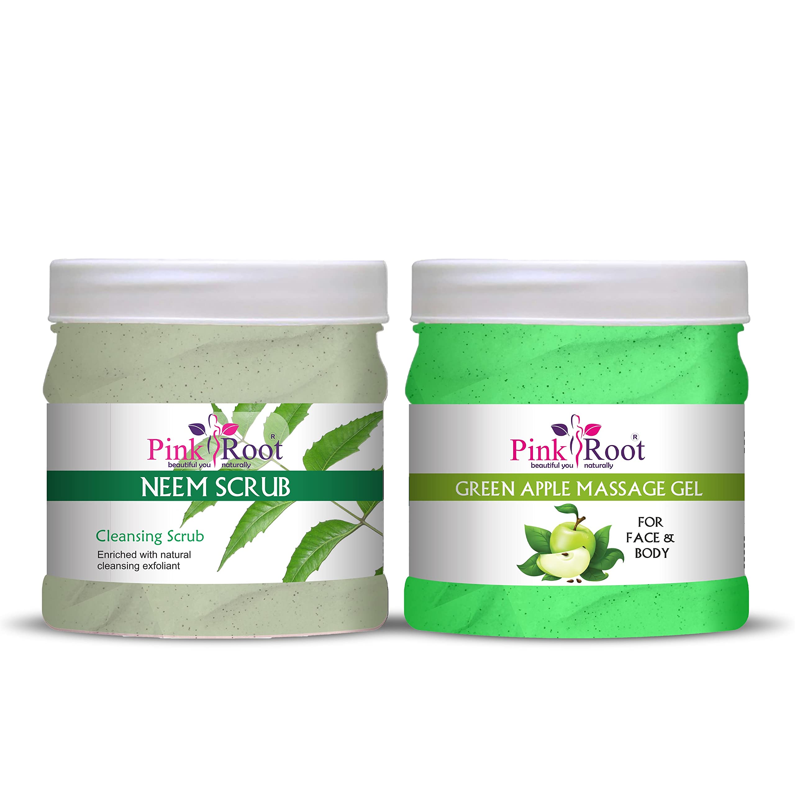 Organic Pink Root & Green Apple Massage Gel with Neem Scrub - 500ml Duo Pack for Relaxation & Skin Exfoliation | Spa Treatment, Body Care, Stress Relief Gift Set