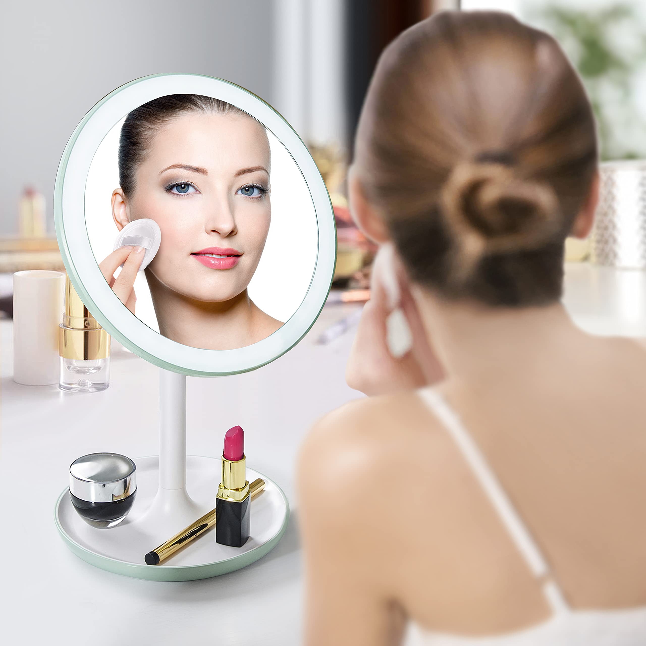 LED Makeup Mirror with Lights & 10X Magnification - Adjustable Brightness Touch Control Vanity Mirror with Stand, USB Charging, for Home, Bathroom, Dressing Table & Travel Use
