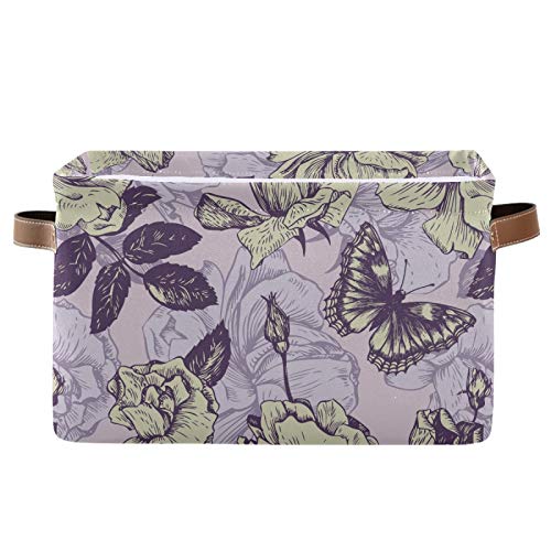 Vintage Butterfly & Floral Collapsible Storage Basket with PU Handles - Waterproof Laundry Organizer for Nursery, Bedroom, Bathroom (2-Pack) - Perfect for Home Organization & Closet Storage
