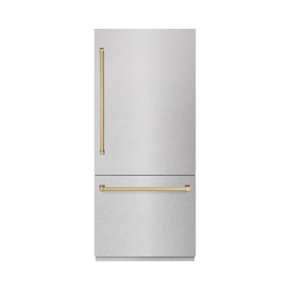 ZLINE Autograph Edition 36 Inch Built-In Bottom Freezer Refrigerator - 19.8 cu. ft. Capacity, Water Dispenser & Ice Maker - Satin Stainless Steel with Graphite Gray Interior & Champagne Bronze Accents (GRBITZ SN 36 CB) - Perfect for Modern Kitchens & Luxury Homes