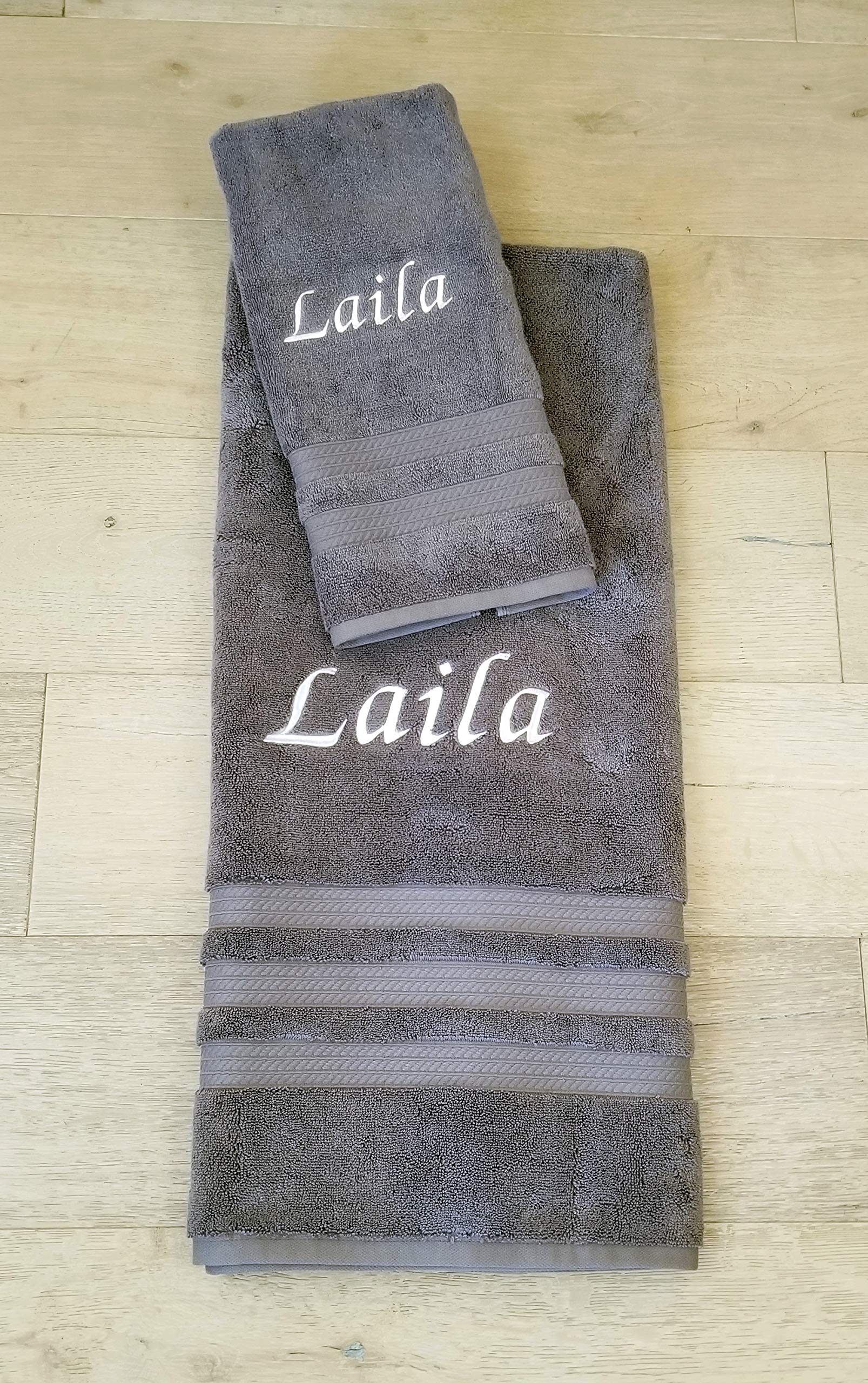 Premium Embroidered Bath & Hand Towel Set - 100% Cotton Luxury Personalized Monogrammed Towels (1 Bath + 1 Hand Towel) - Soft Absorbent Grey Bathroom Towels for Spa, Guest Bath & Luxury Home Decor