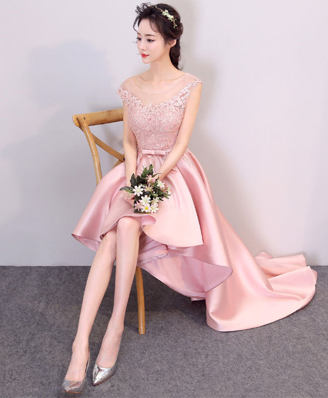 Elegant Pink High-Low Lace Prom Dress for Women - Formal Bridesmaid Gown with Flowy Skirt - Perfect for Weddings, Parties & Special Occasions