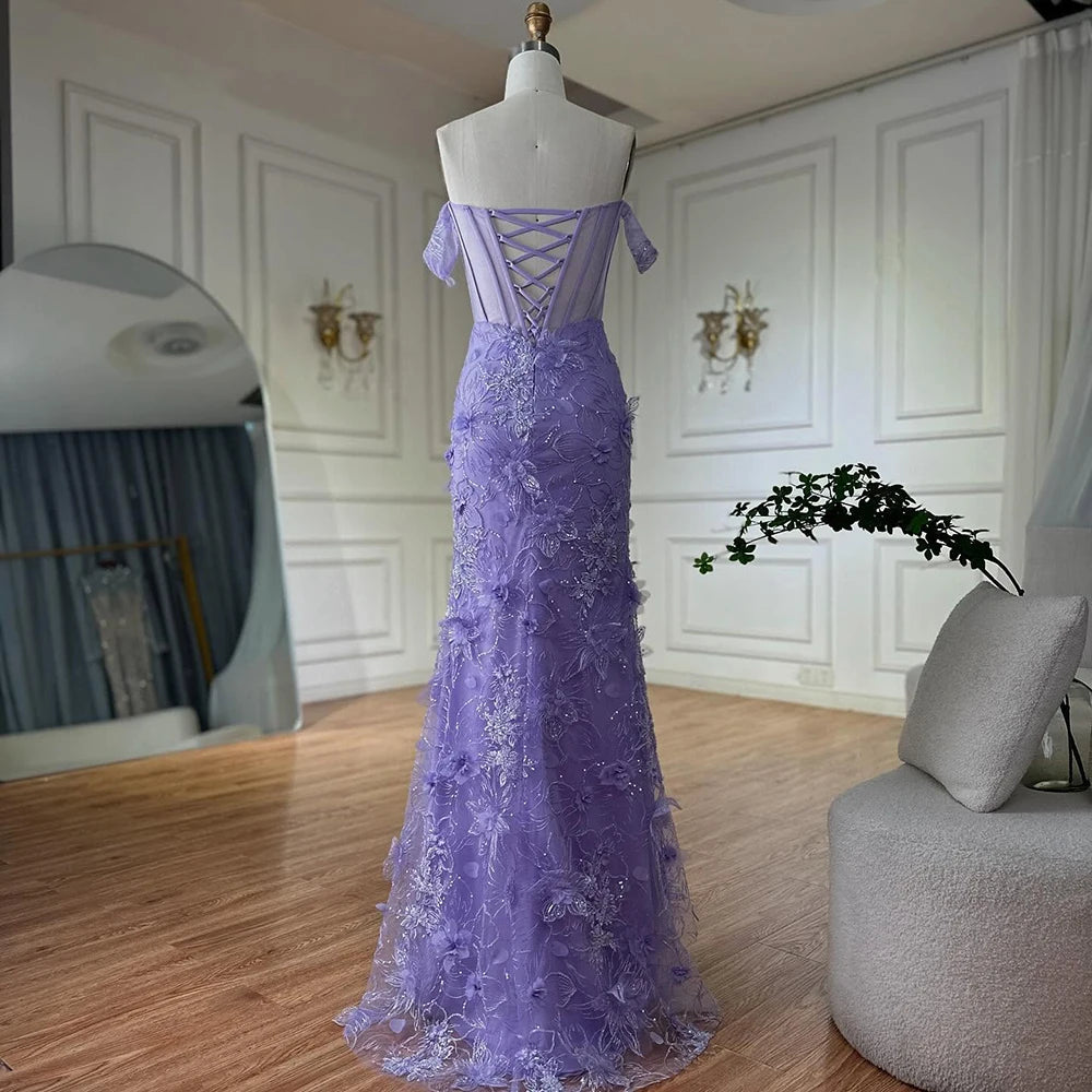 Luxury Dubai Lilac Off Shoulder Corset Beaded High Slit Tulle Saudi Evening Gown - Elegant Formal Dress for Weddings, Galas & Special Occasions LA72874