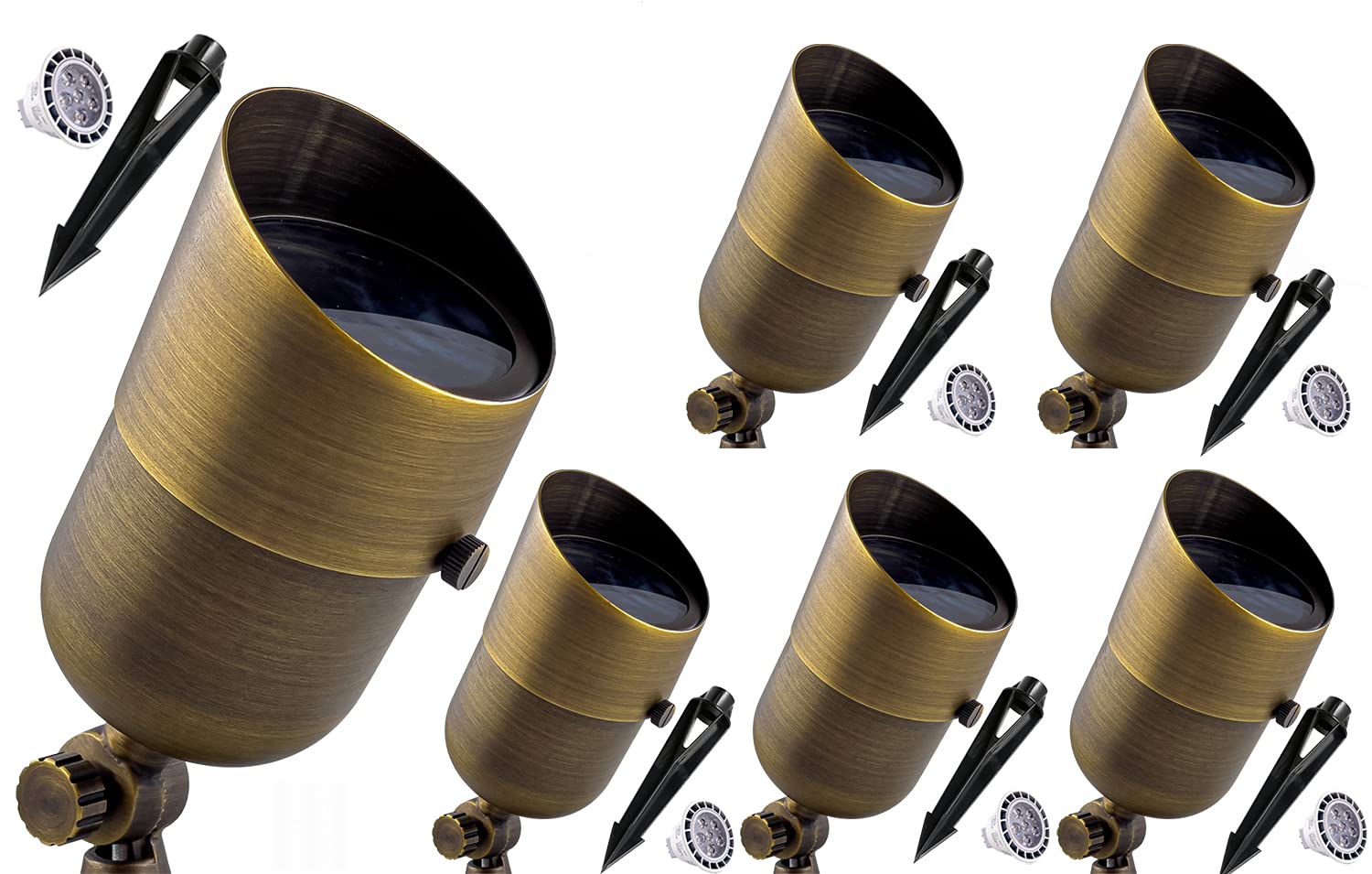 7W LED Spot Lights Outdoor Waterproof - 6 Pack Brass Landscape Lighting for Garden, Walls, Trees, Flags & Security - Includes Ground Spike & MR16 Bulb - Perfect for Pathway, Patio, Yard & Home Decor