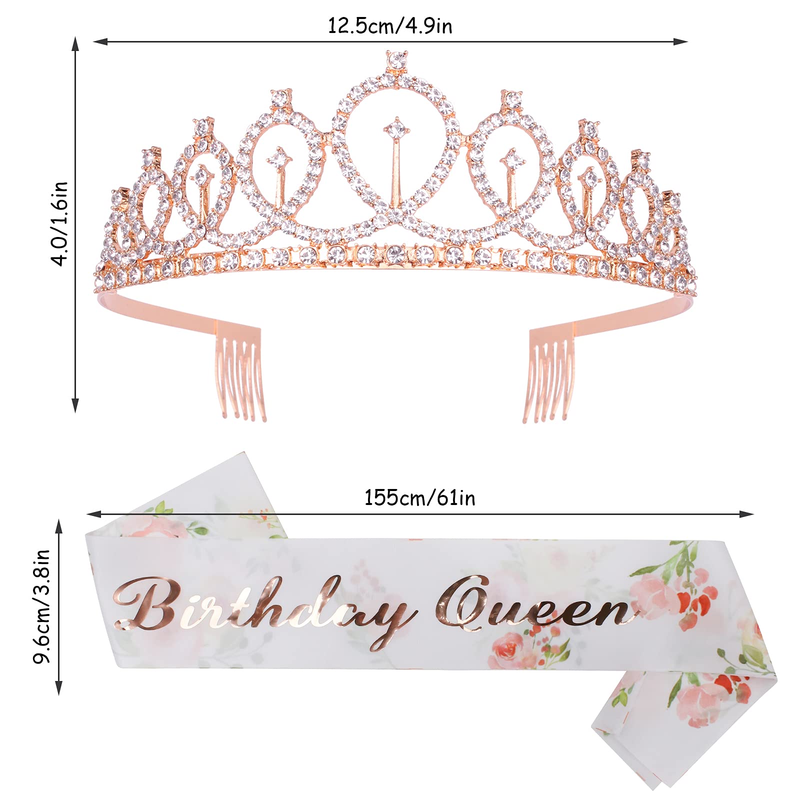 Elegant Rose Gold Rhinestone Tiara & Floral White Sash Set - Birthday Crown for Women, Queen Party Accessories - Perfect for Birthday Celebrations, Bachelorette Parties & Special Occasions