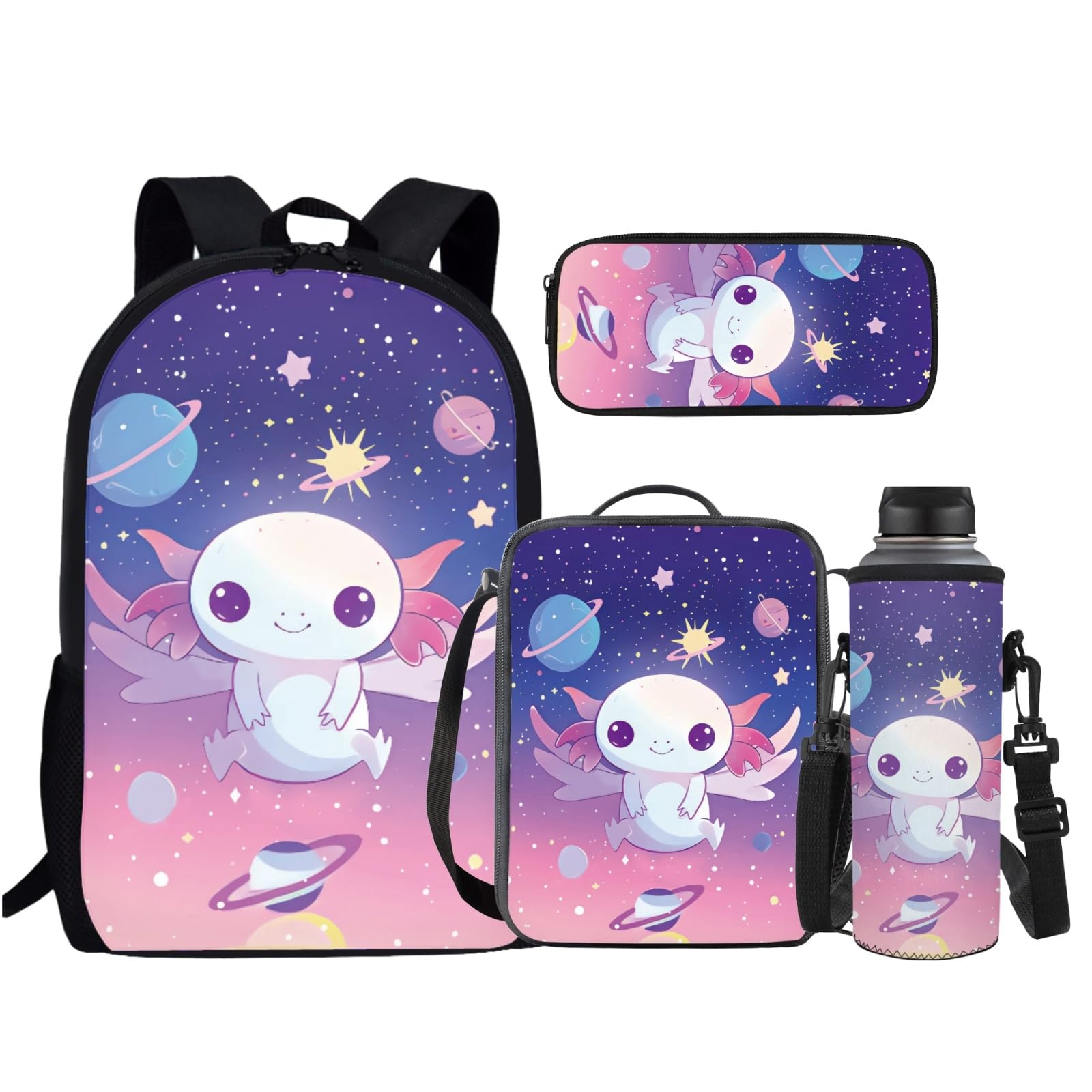 **Adorable Axolotl Backpack Set for Girls - Cute School Backpack with Lunch Box, Pencil Case & Bottle Holder - Perfect for Kindergarten & Elementary School - 4-Piece Bookbag Set for Daily Use & Outdoor Adventures**