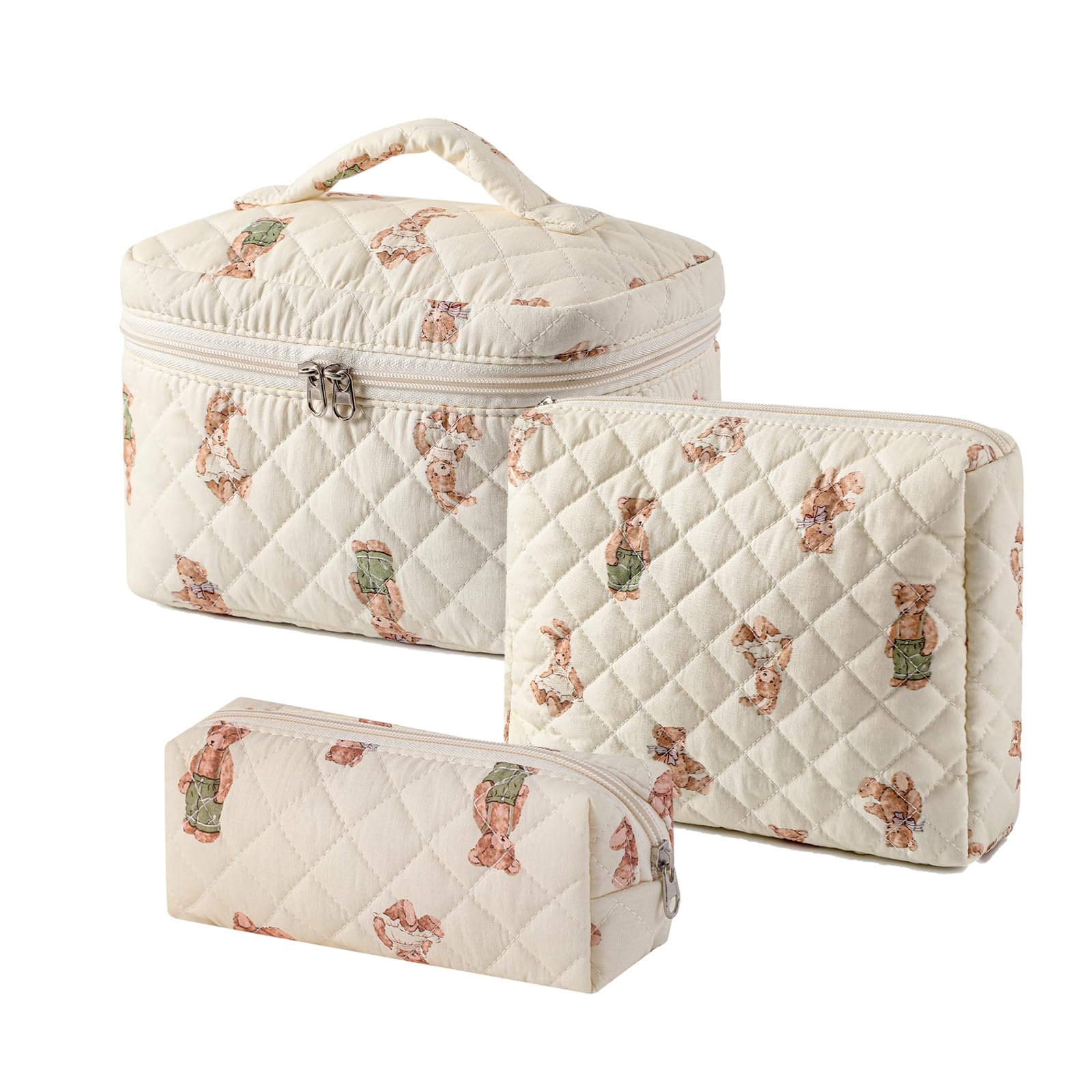 2 Pack Large Floral Quilted Makeup Bags for Women - Cotton Cosmetic Organizer Set, Cute Aesthetic Travel Toiletry Pouch for Makeup Brushes & Skincare Essentials | Perfect for Travel, Gym & Daily Use