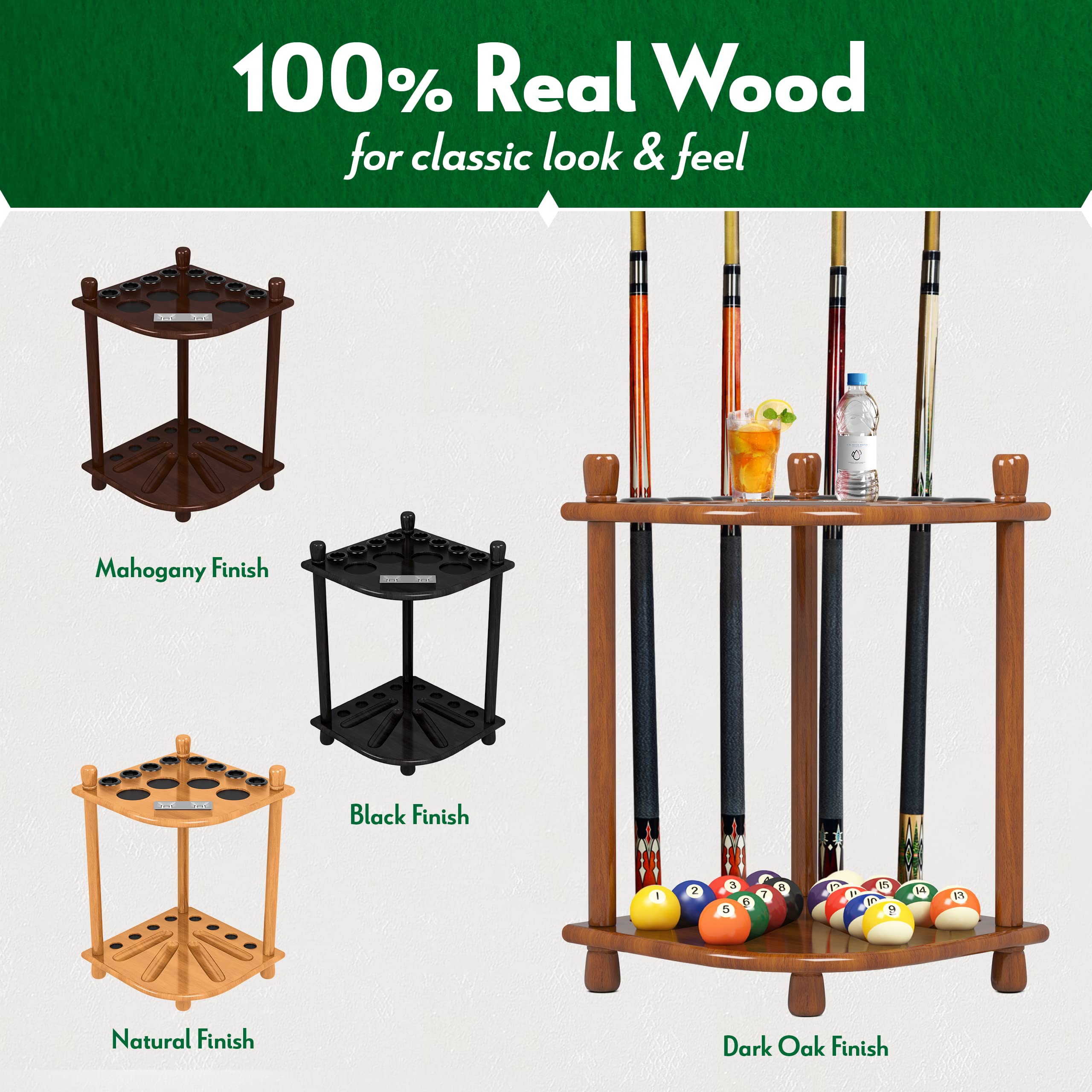 ISZY Billiards Pool Stick Holder - 8 Cue Rack with Ball Storage & 4 Score Counters - Solid Mahogany Wood Stand for Home Game Rooms, Bars, and Pool Halls