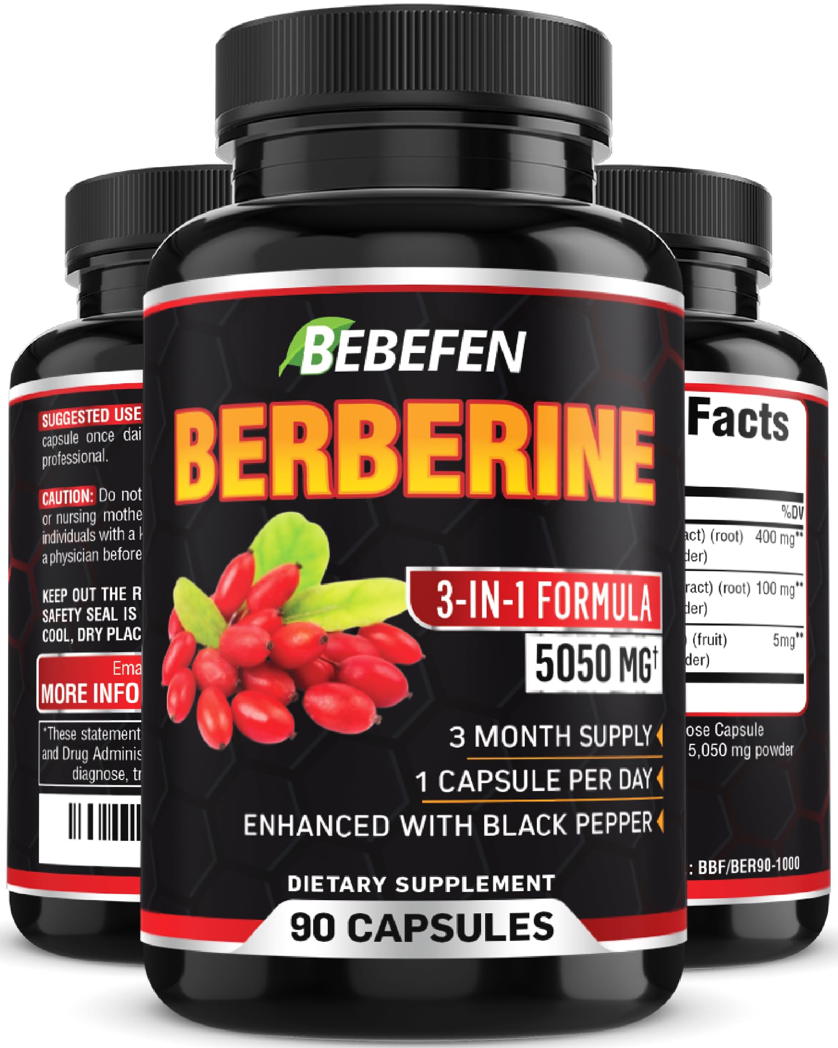 BEBEFEN Berberine Capsules with Black Pepper Extract - 90 Count (3 Month Supply) - Natural Blood Sugar Support Supplement for Digestive & Metabolic Health - Perfect for Daily Wellness Routine & Diabetes Management