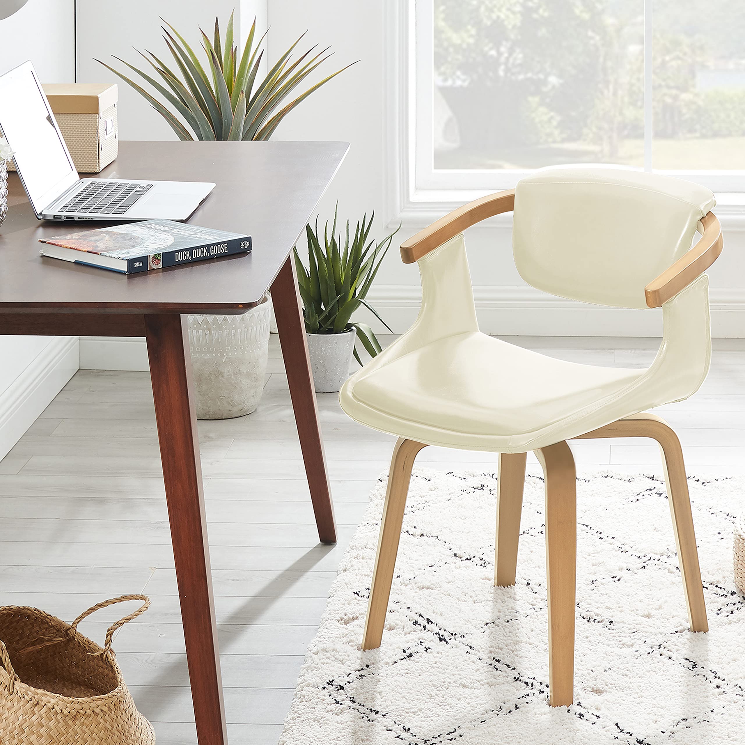 Art Leon Mid Century Modern Swivel Accent Chair - Faux Leather Office Desk Chair Without Wheels for Small Spaces, Living Room & Bedroom - Off White | Perfect for Home Office, Study & Reading Nook