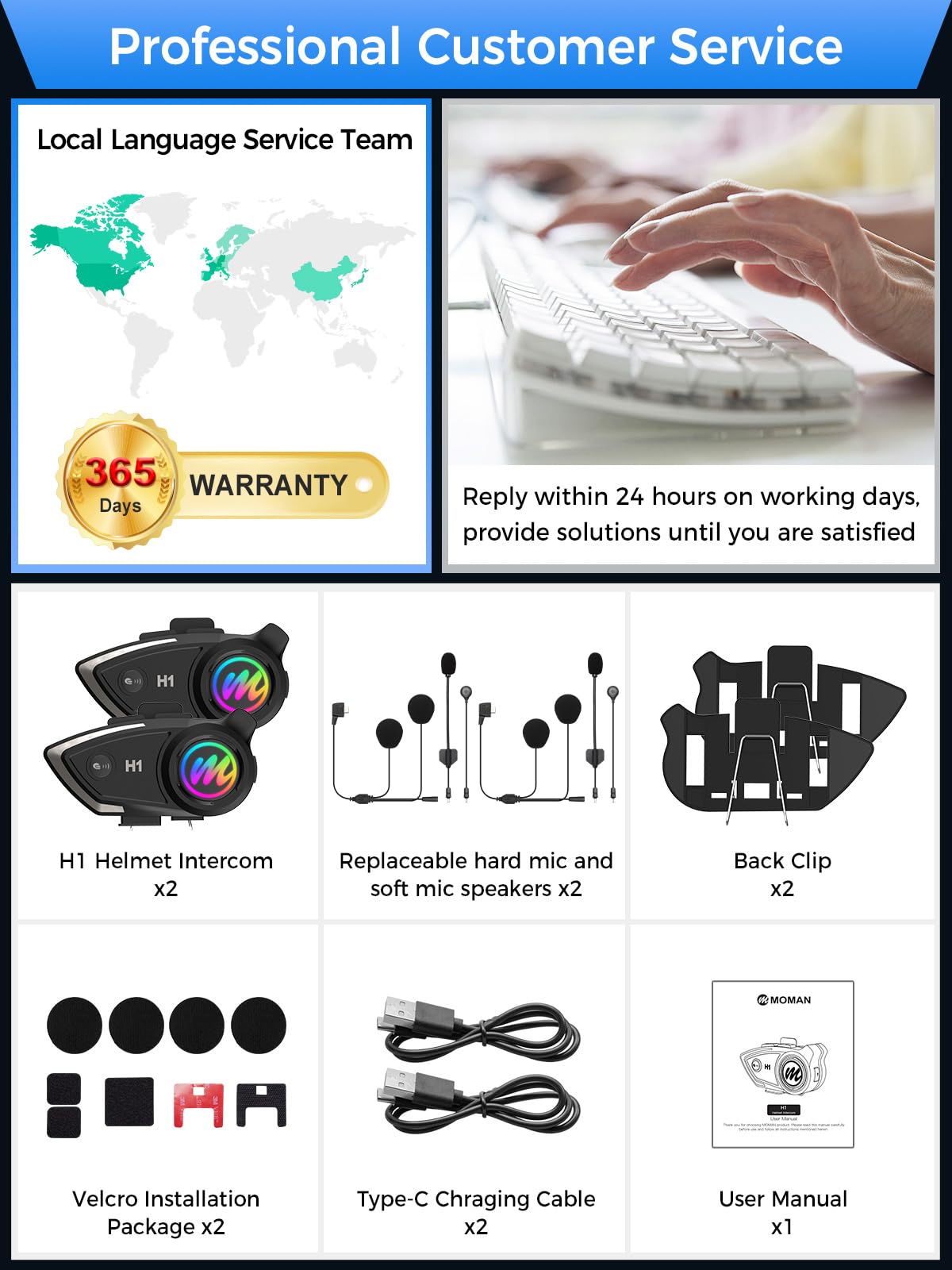Moman H1 2 Pack Motorcycle Bluetooth Intercom Headset - Wireless 5.0 Communication System with AI Voice Assistant, IP67 Waterproof, Auto Answer & Noise Cancellation for Motorbike Helmets - Perfect for Group Riding, Touring & Adventure Motorcycling