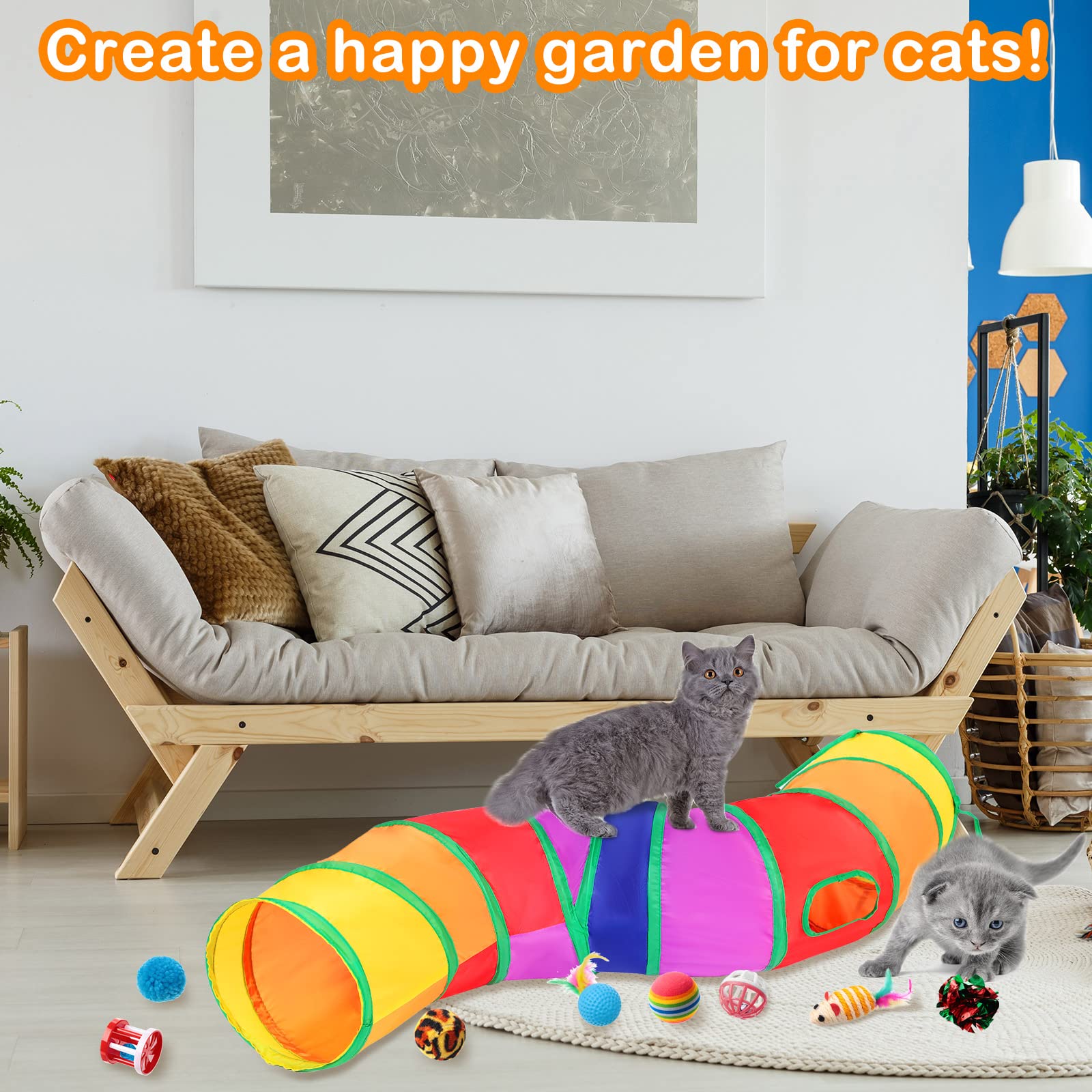 Wettarn 22-Piece Cat Toys Set with 2 Collapsible Tunnels & 20 Interactive Kitten Toys - Feather Mice, Crinkle Balls, Tubes for Indoor Cats & Puppies (Colorful) - Perfect for Playtime, Exercise & Bonding