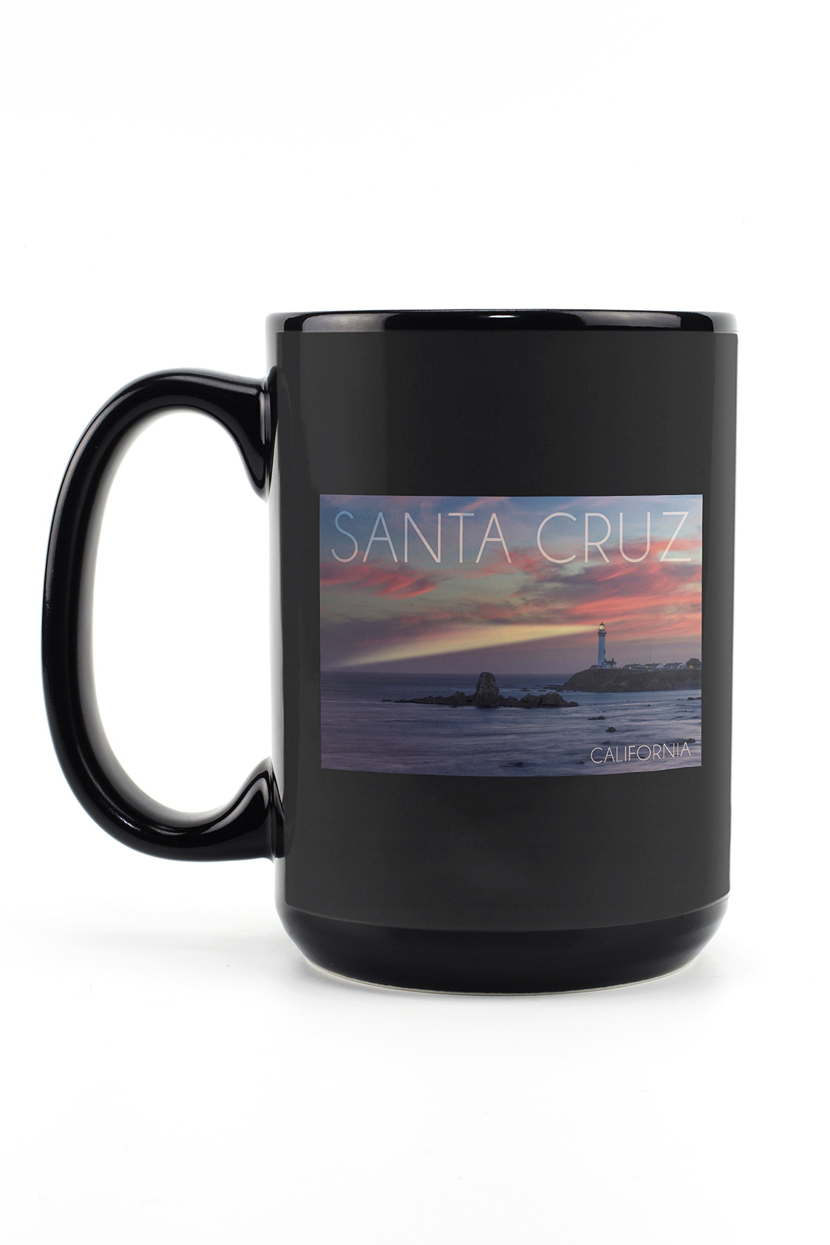 Santa Cruz California Lighthouse at Sunset 15oz Black Ceramic Coffee Mug - Microwave & Dishwasher Safe - Perfect for Home, Office & Gift Giving